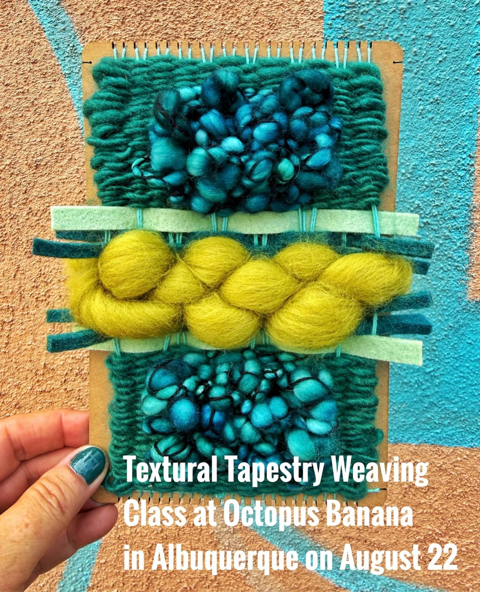 Join me for a fun Textural Tapestry Weaving class in Albuquerque at the fabulous @octopus_banana_ on Saturday, August 22 from 1-4. You will get to play with a plethora of fun materials, textures and colors and leave with a 5&rdquo;x 8&rdquo; weaving 