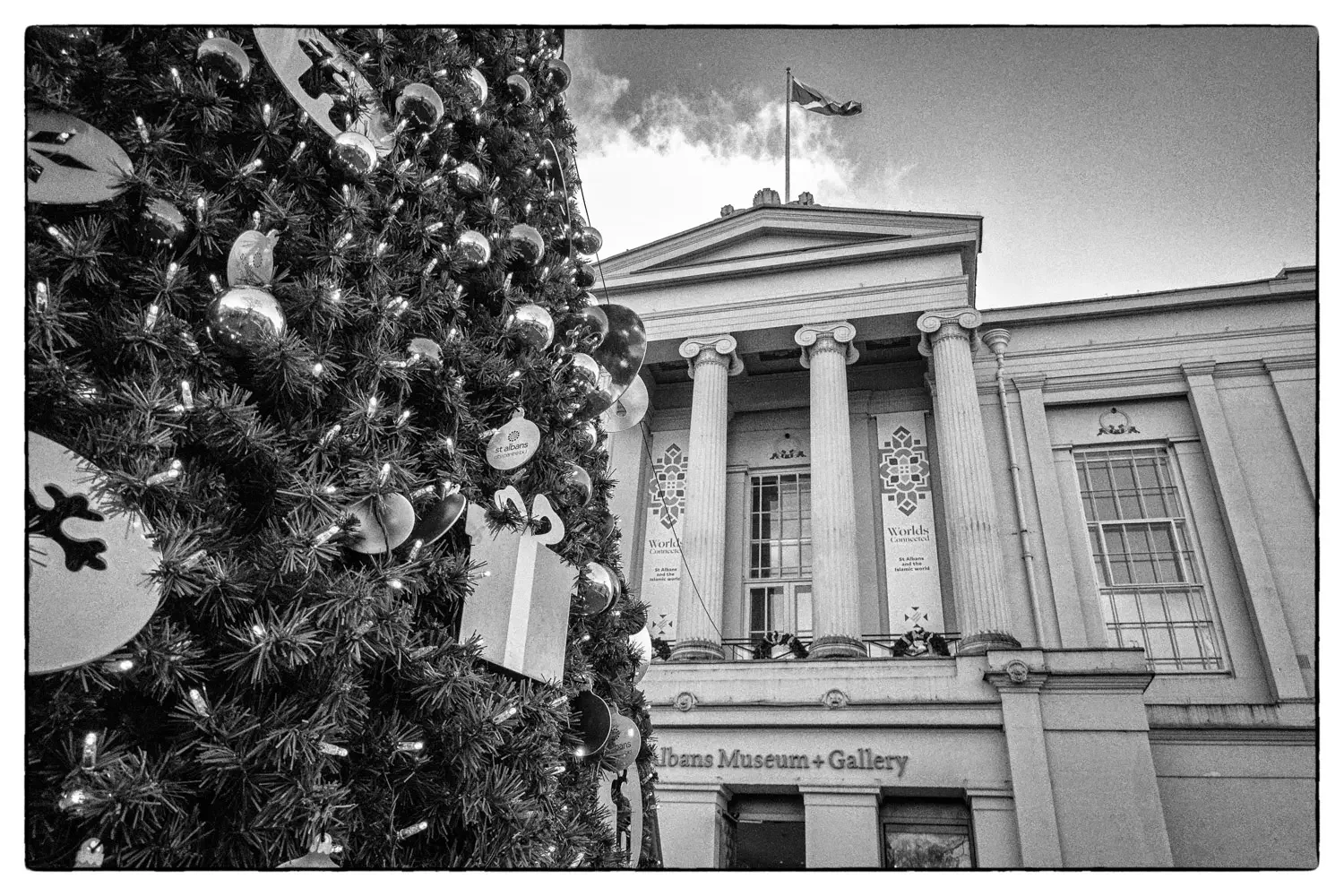 Christmas tree outsite the St Albans Museum and gallery.webp
