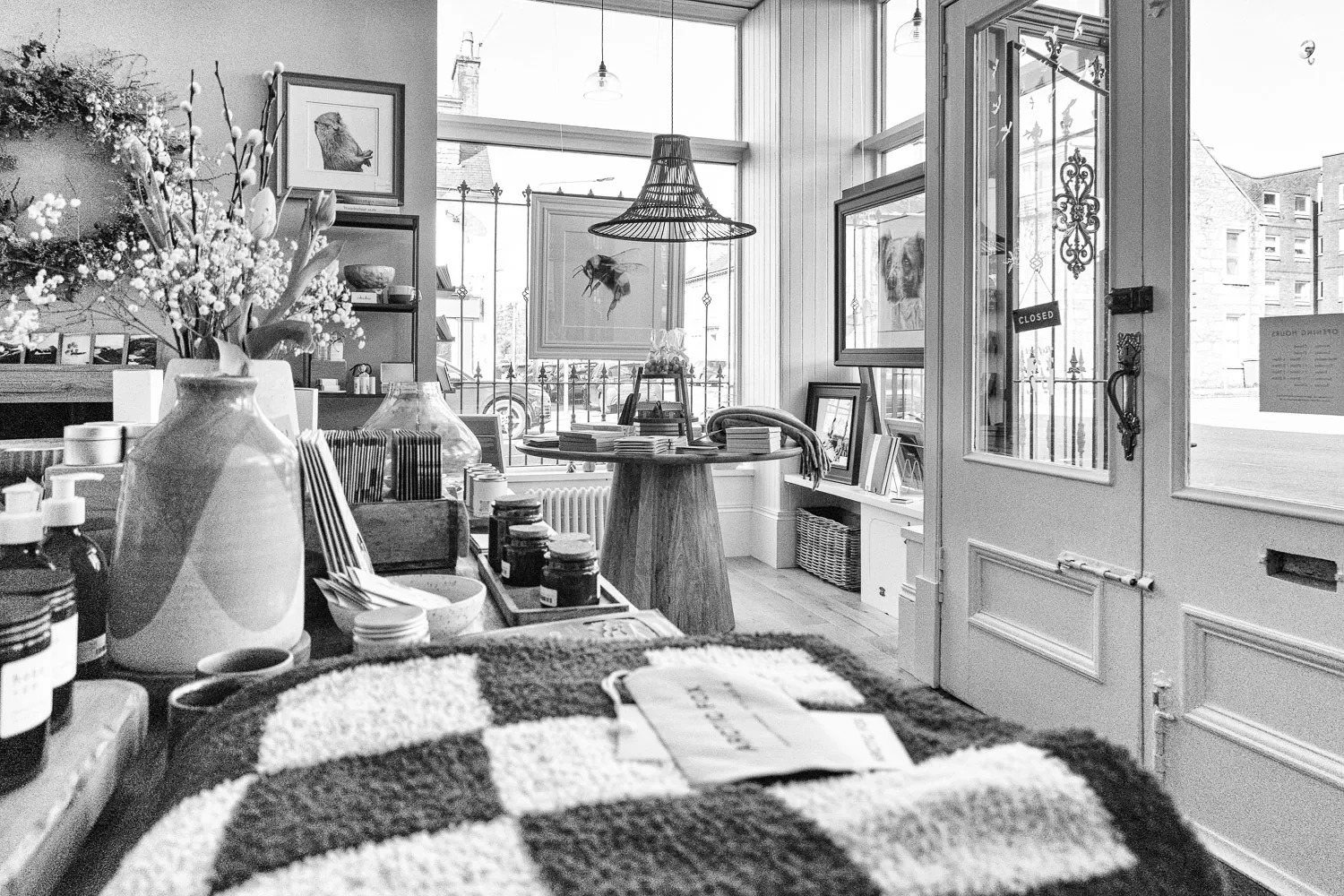  The interior of Sasco Art, shot looking towards the front windows. Framed wildlife prints, fresh flowers, curated homeware, pendant lighting. Before Stuart appeared in front of my lens, I spent time photographing the space itself – because the objec