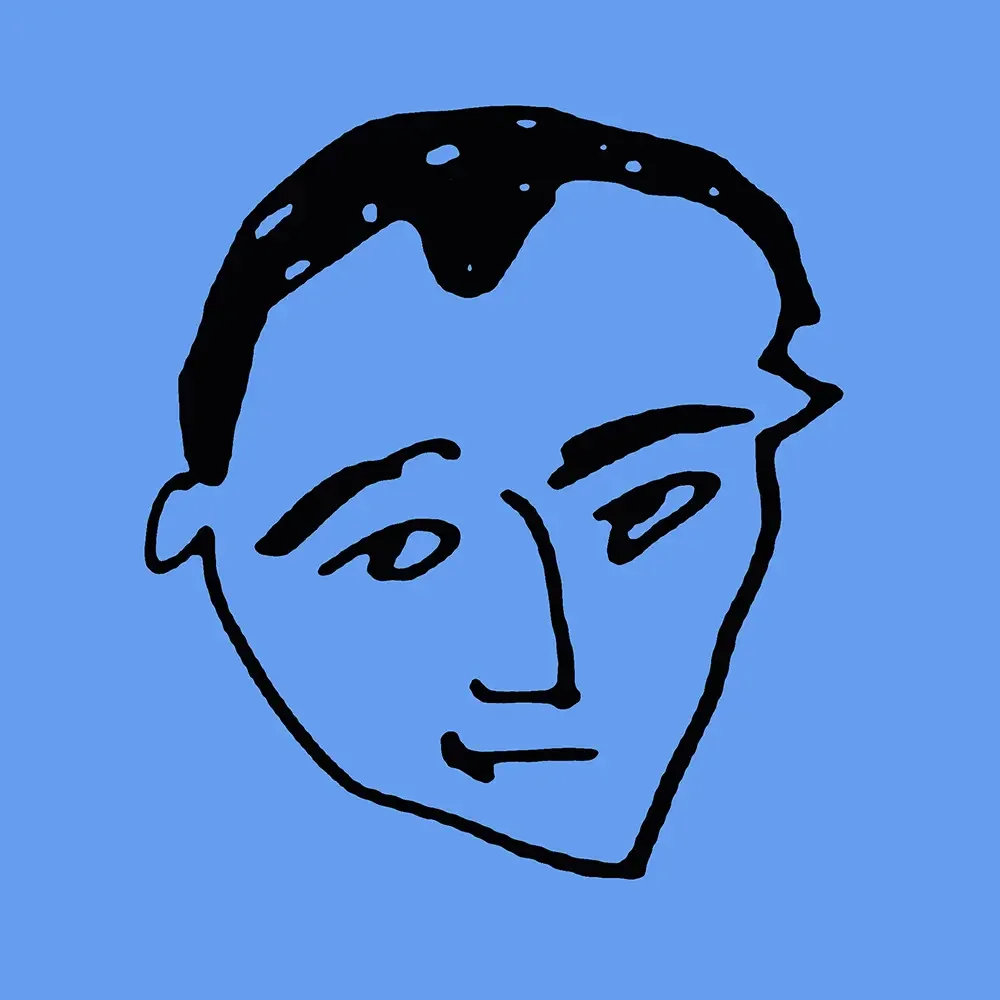 A simple, abstract line drawing of a person's face with a blue background.