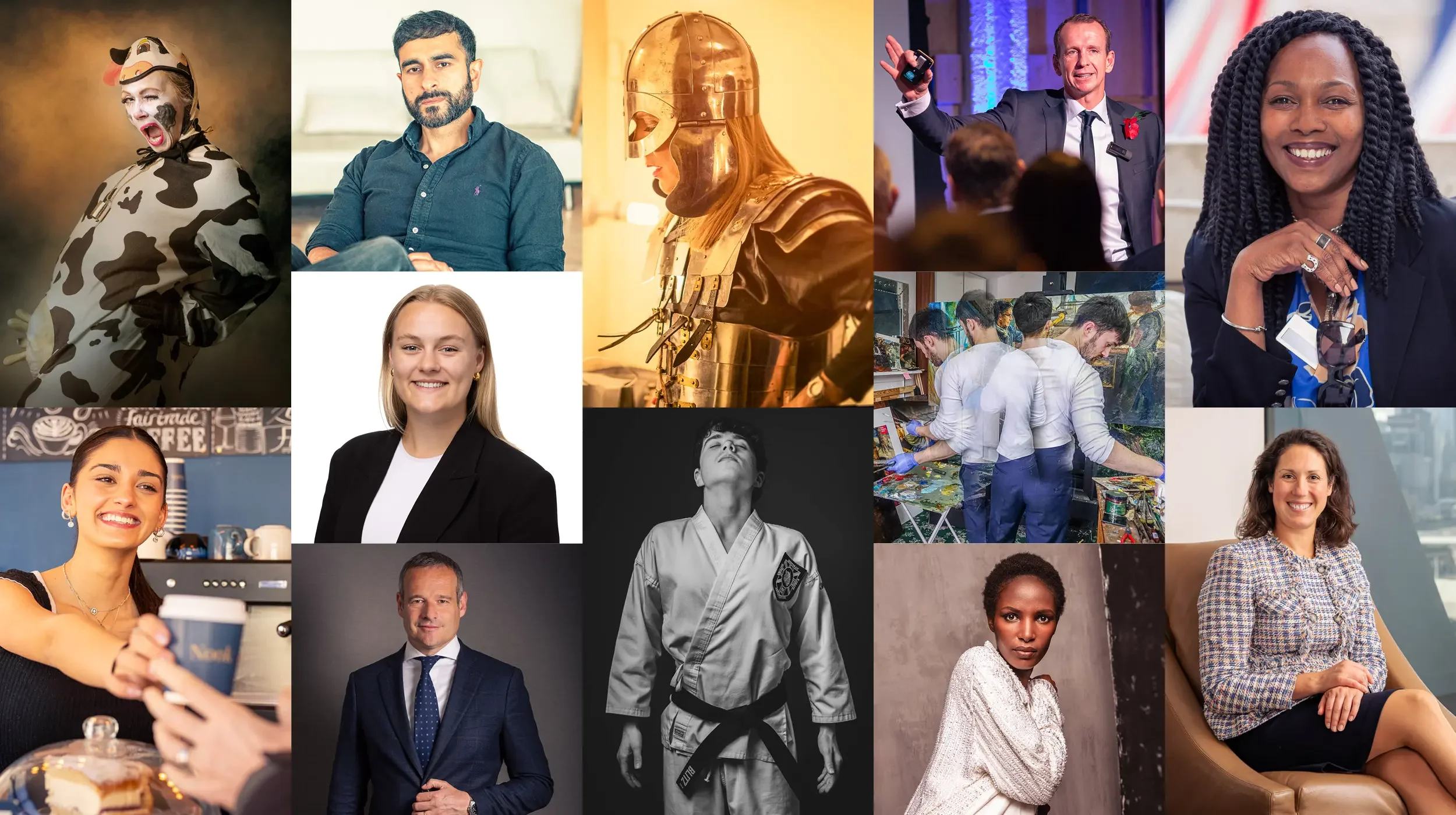 Collage of diverse people including a woman in a cow costume, a man with a beard, a woman in a warrior costume, a man giving a presentation, a woman smiling with jewelry, a woman smiling with a coffee cup, a man in a suit, a martial artist, a group of people painting, and a woman sitting in an office chair