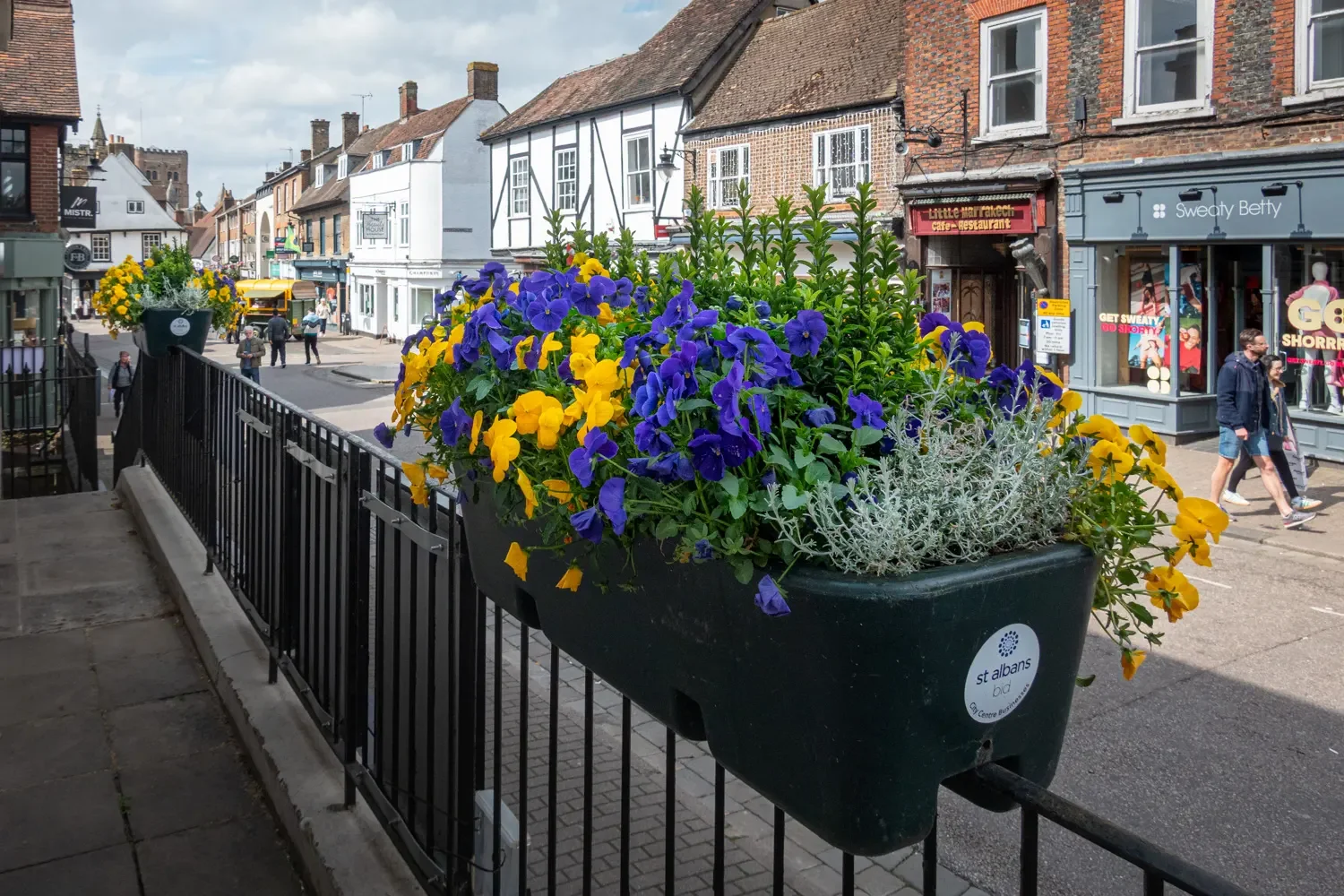 Purple and yellow pansy flower containers on St Albans high street with St Albans BID branding on the planter