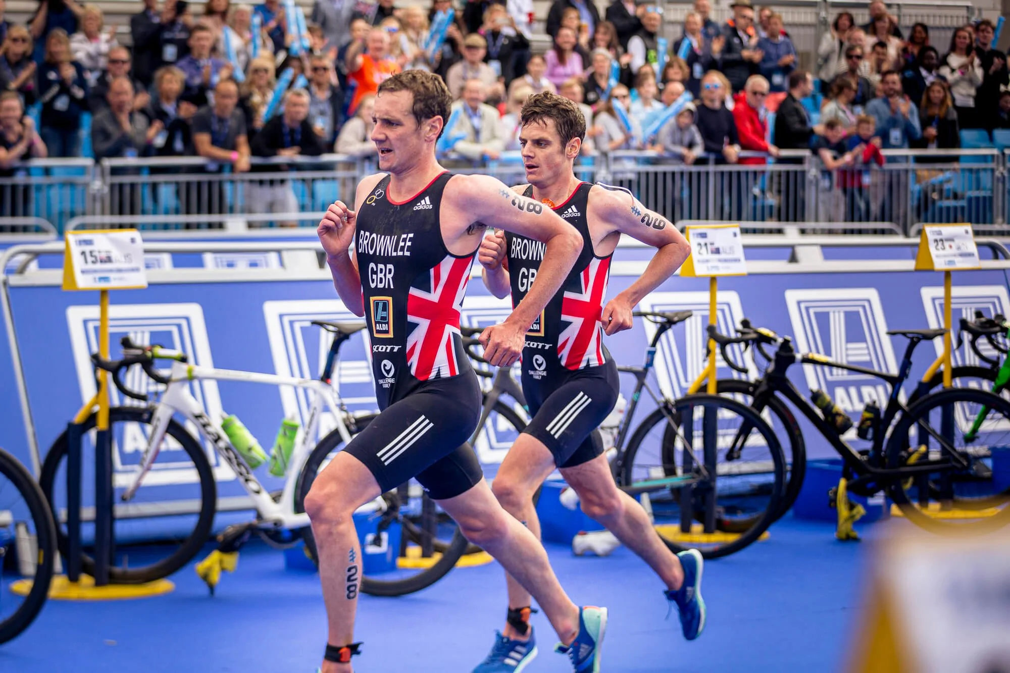 Alistair and Jonny Brownlee running together at the ITU triathlon