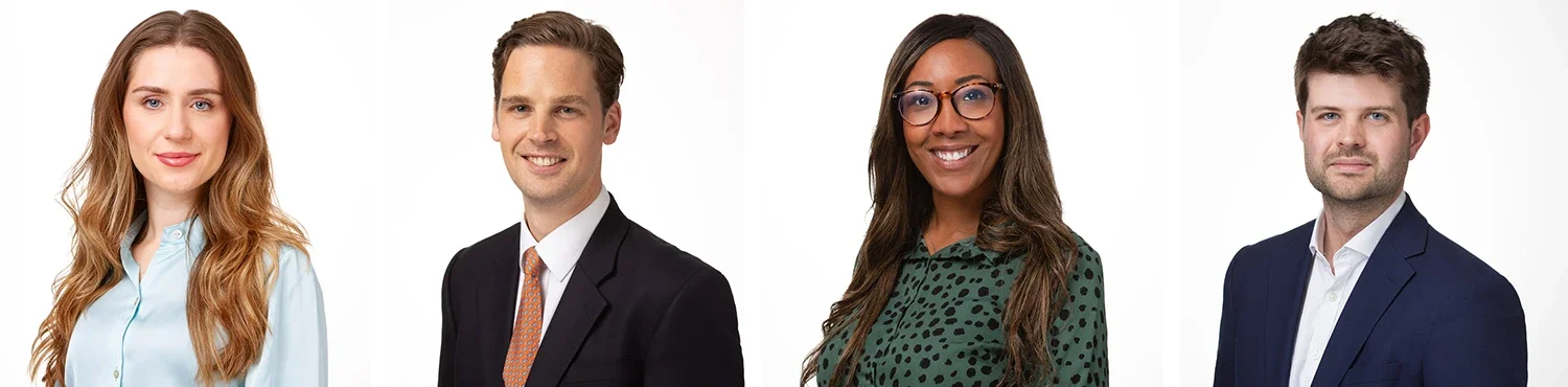 Four matching business headshots with the same lighting and white background