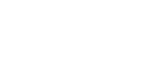 Logo of The Mill District with a stylized illustration of a building and arrow, in black and white.