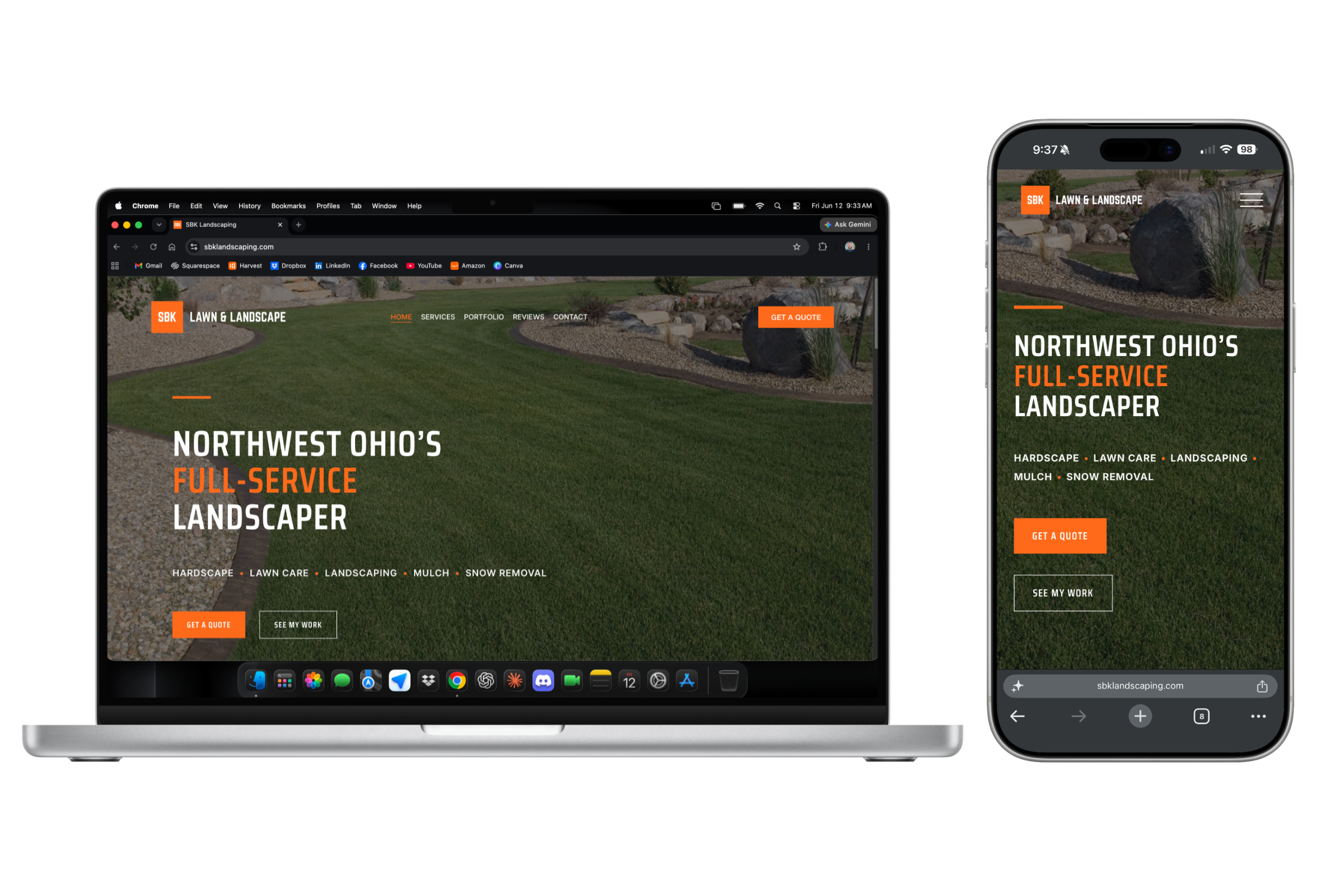 Custom Squarespace website design for SBK Lawn & Landscape. Desktop and mobile mockup by Beck Digital Co.