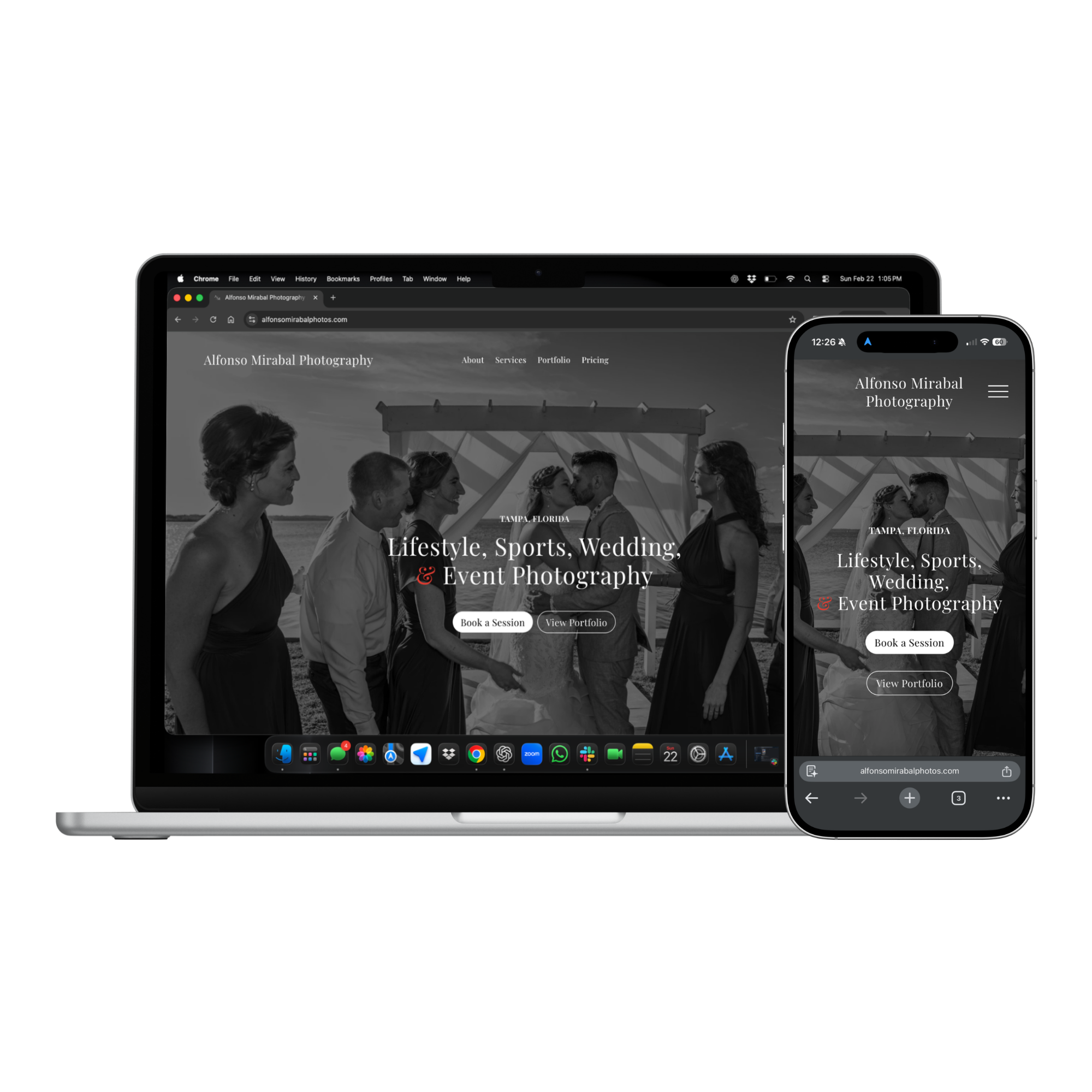 Alfonso Mirabal Photography website mockup. Editorial-style Squarespace site for a Tampa-based lifestyle, wedding, and event photographer.
