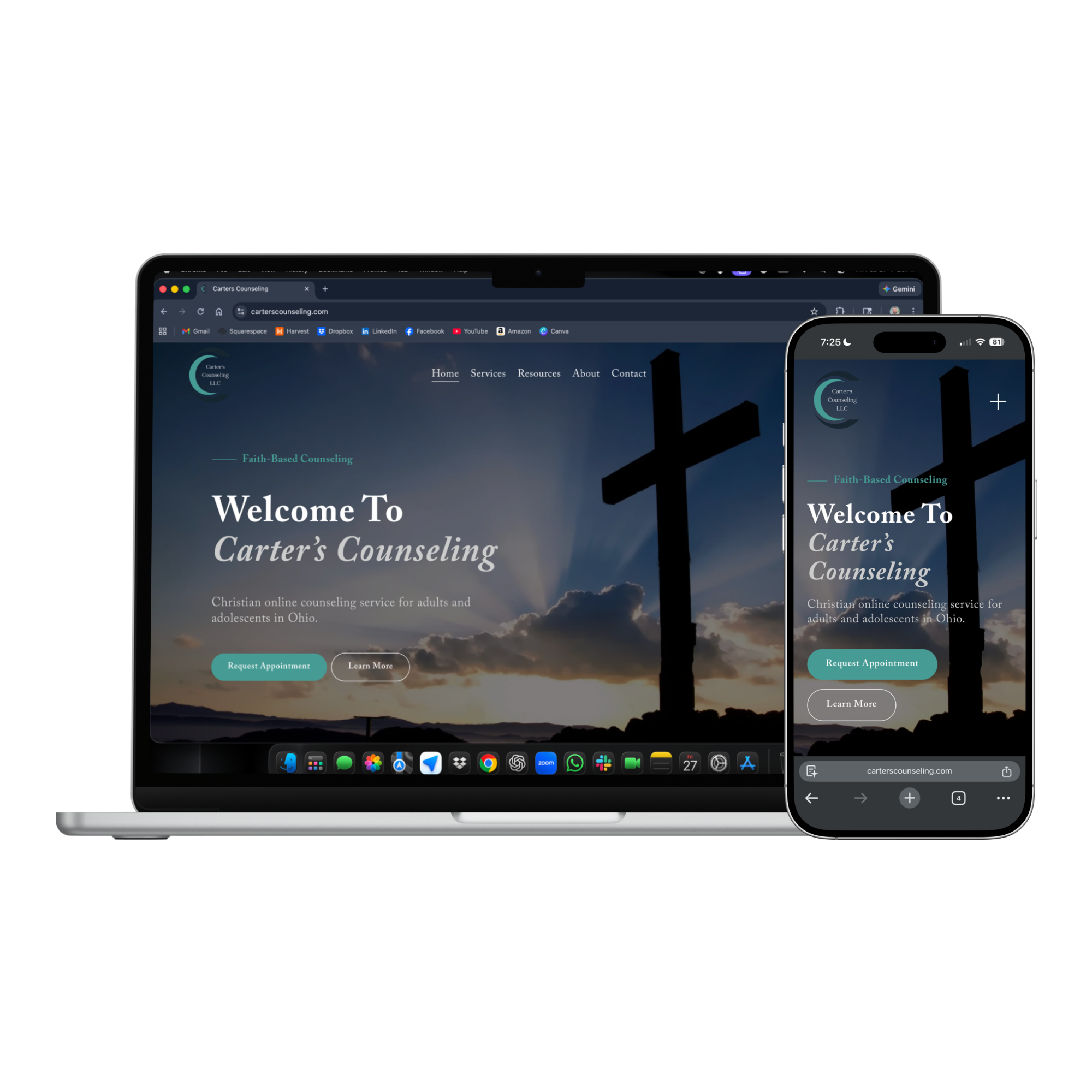Carter's Counseling website mockup. Welcoming, conversion-focused Squarespace site for a Christian online counseling practice.