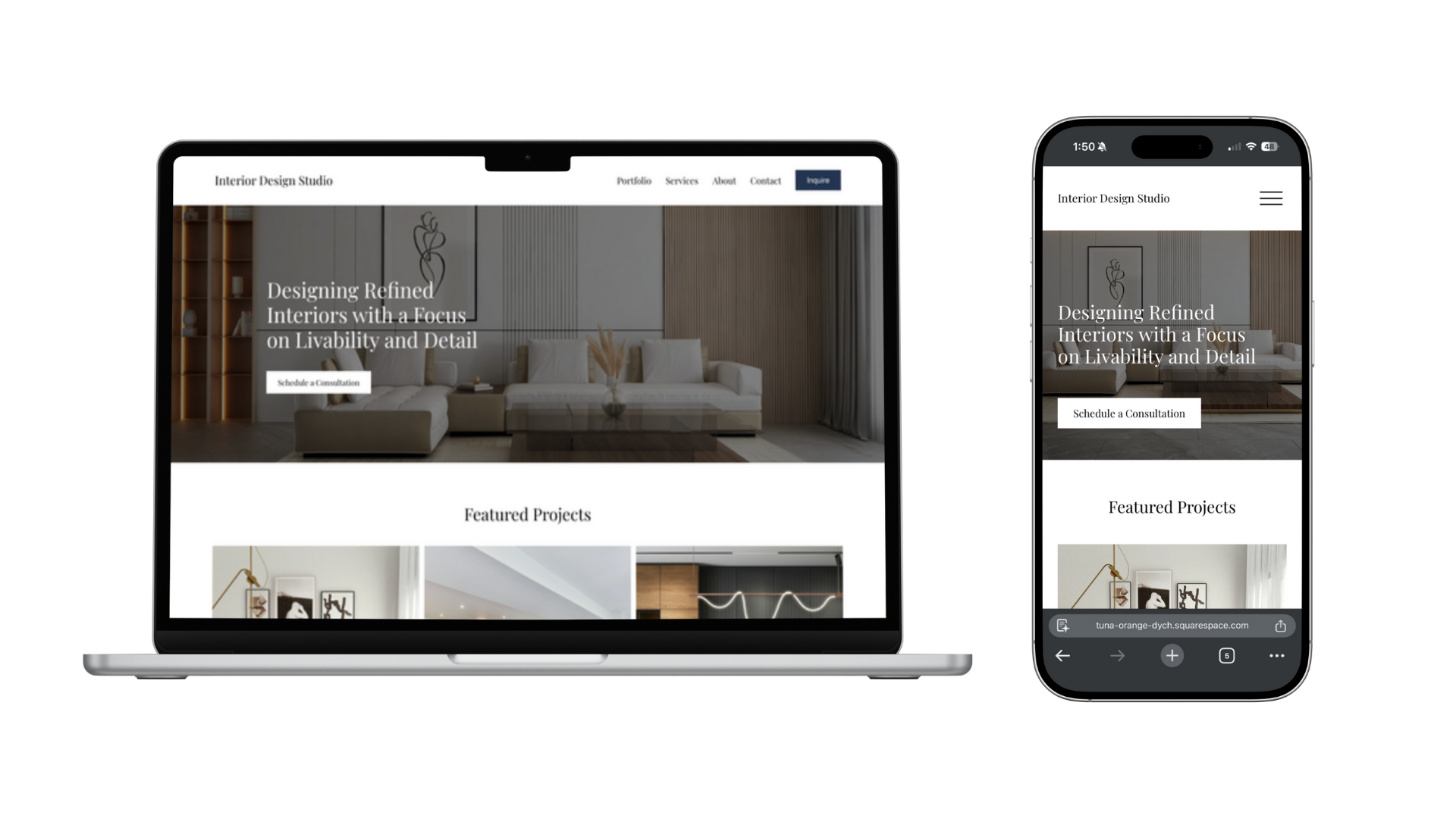 A laptop and a smartphone displaying a website for an interior design studio. The website features a header with the studio's name, a main image of a modern living room, a call-to-action button to schedule a consultation, and a section showcasing featured projects.