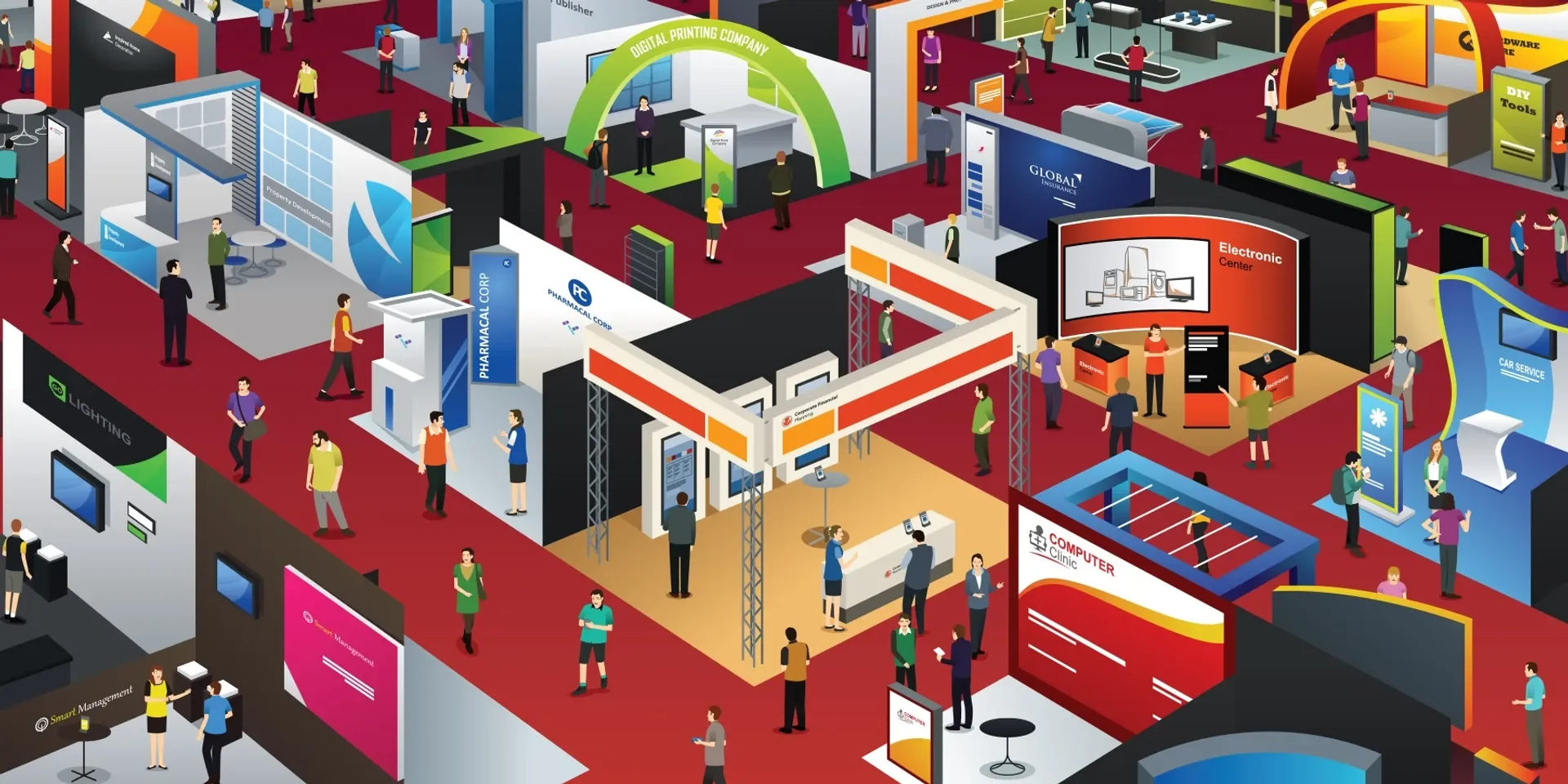 A busy trade show with various booths and displays related to electronics, printing, insurance, and technology, with people walking and interacting.