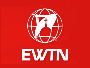 EWTN logo featuring a globe, a cross, and a church steeple on a red background.
