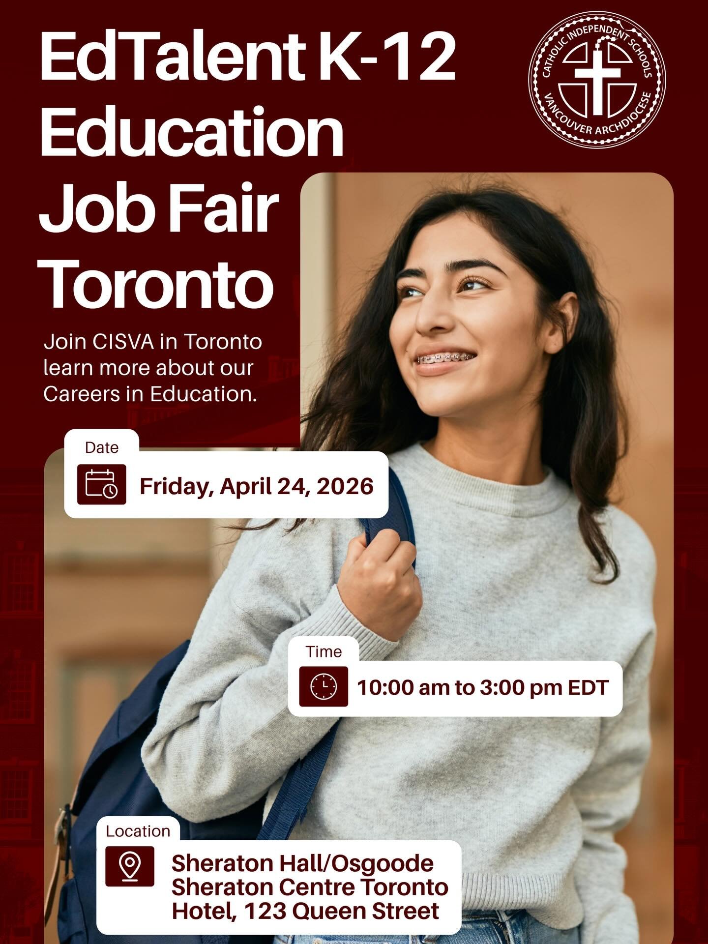 Find Your Calling in British Columbia! 🏔️⛪
CISVA is coming to Toronto to meet the next generation of educators. We are hiring for 20&ndash;30 full-time positions across our 46 schools for September 2026. Whether you are an elementary or secondary sp