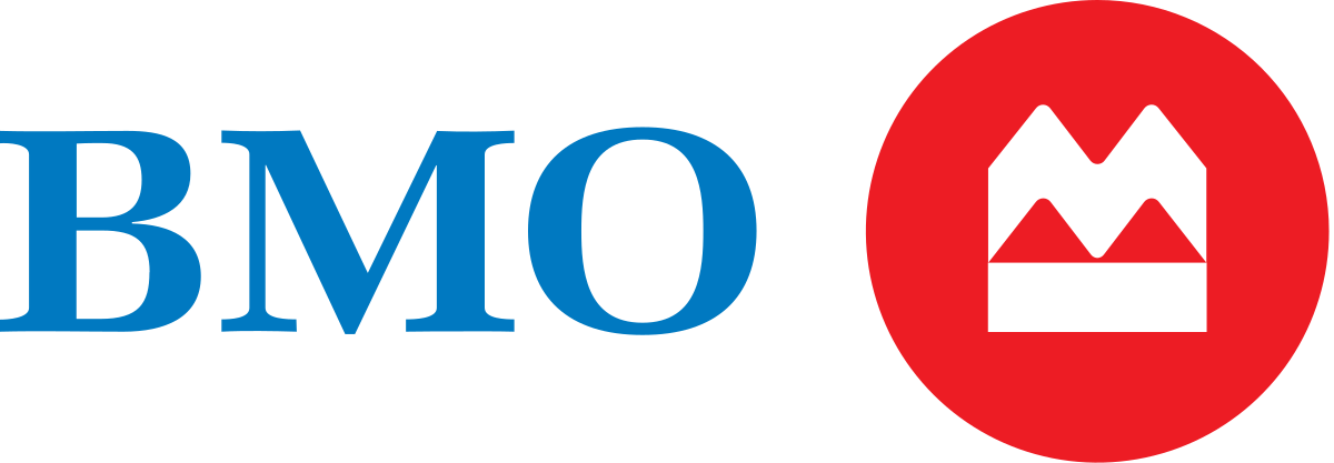 BMO logo with blue text and a red circle containing stylized white mountains.