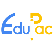 Logo with the text 'EduPac', where 'Edu' is in blue and 'Pac' is in yellow, with a pencil replacing the letter 'l' in the logo.