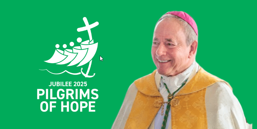 A smiling man dressed as a bishop or pope with a pink zucchetto, standing next to a logo with an illustration of a boat with people and a cross, and the text 'Jubilee 2025 Pilgrims of Hope' against a green background.