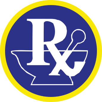 A logo with a blue circle border, containing a white mortar and pestle with an 'Rx' symbol, representing a pharmacy or prescription service.