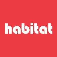 Habitat logo with white lowercase text on a red background