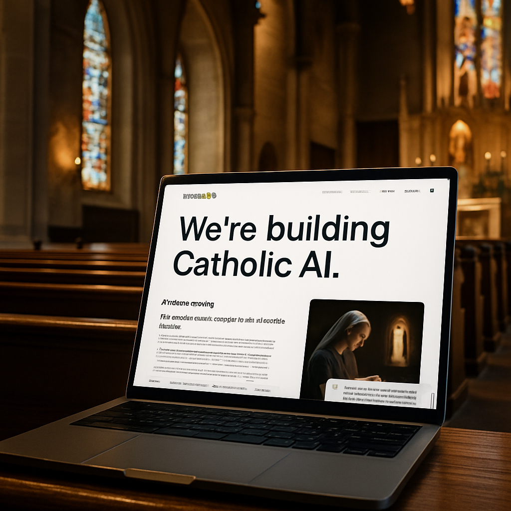 Laptop displaying a webpage that says 'We're building Catholic AI' inside a church with stained glass windows.