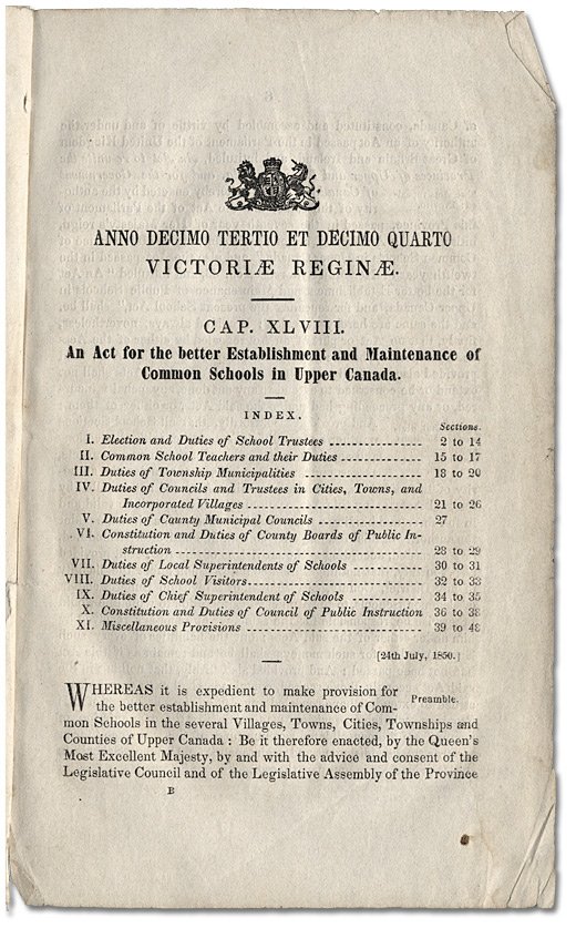 Page from a historic government document titled 'An Act for the better Establishment and Maintenance of Common Schools in Upper Canada,' dated July 24, 1850, with sections listed and a crown emblem at the top.