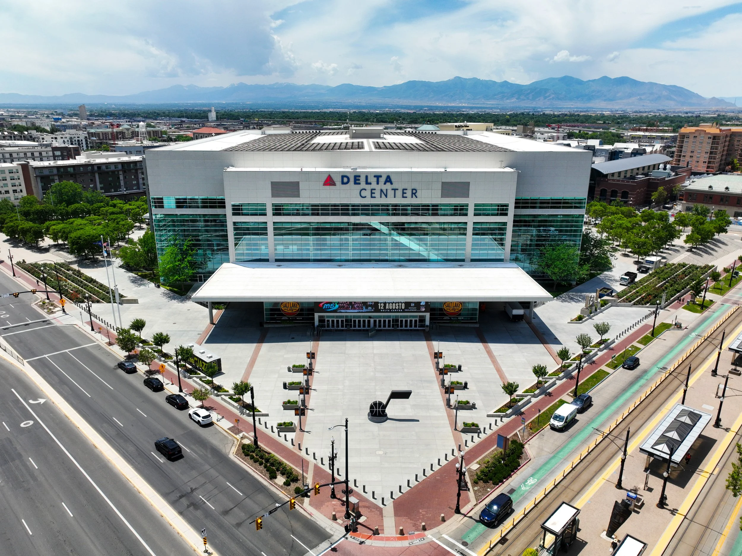 The Delta Center in downtown Salt Lake City, home of the Utah Jazz and Utah Mammoth. Drone photography by Enticer Media photography Salt Lake City, Utah.