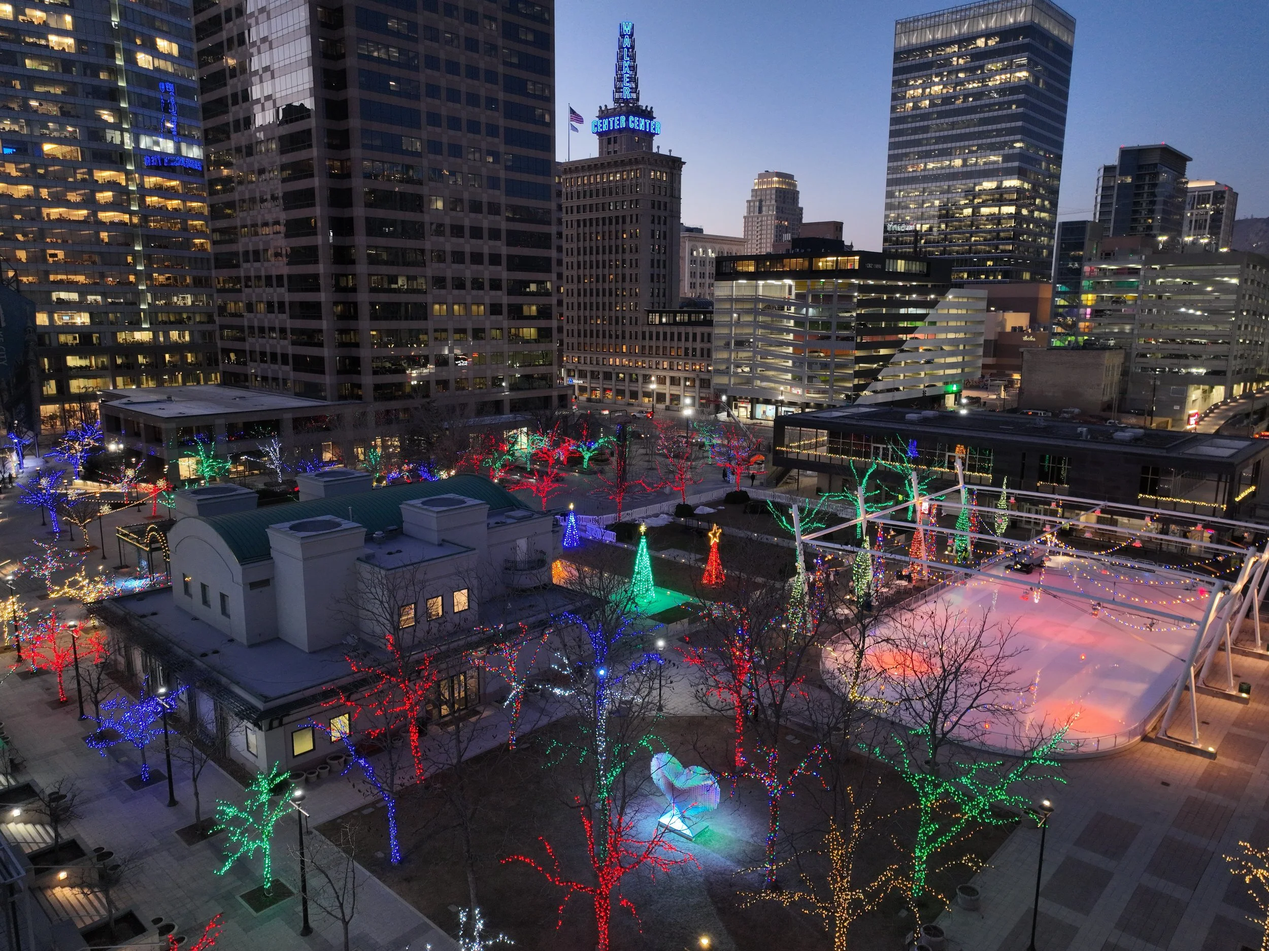Gallivan Plaza in downtown Salt Lake City lit up for the holiday season. Drone photography by Enticer Media photography Salt Lake City, Utah.