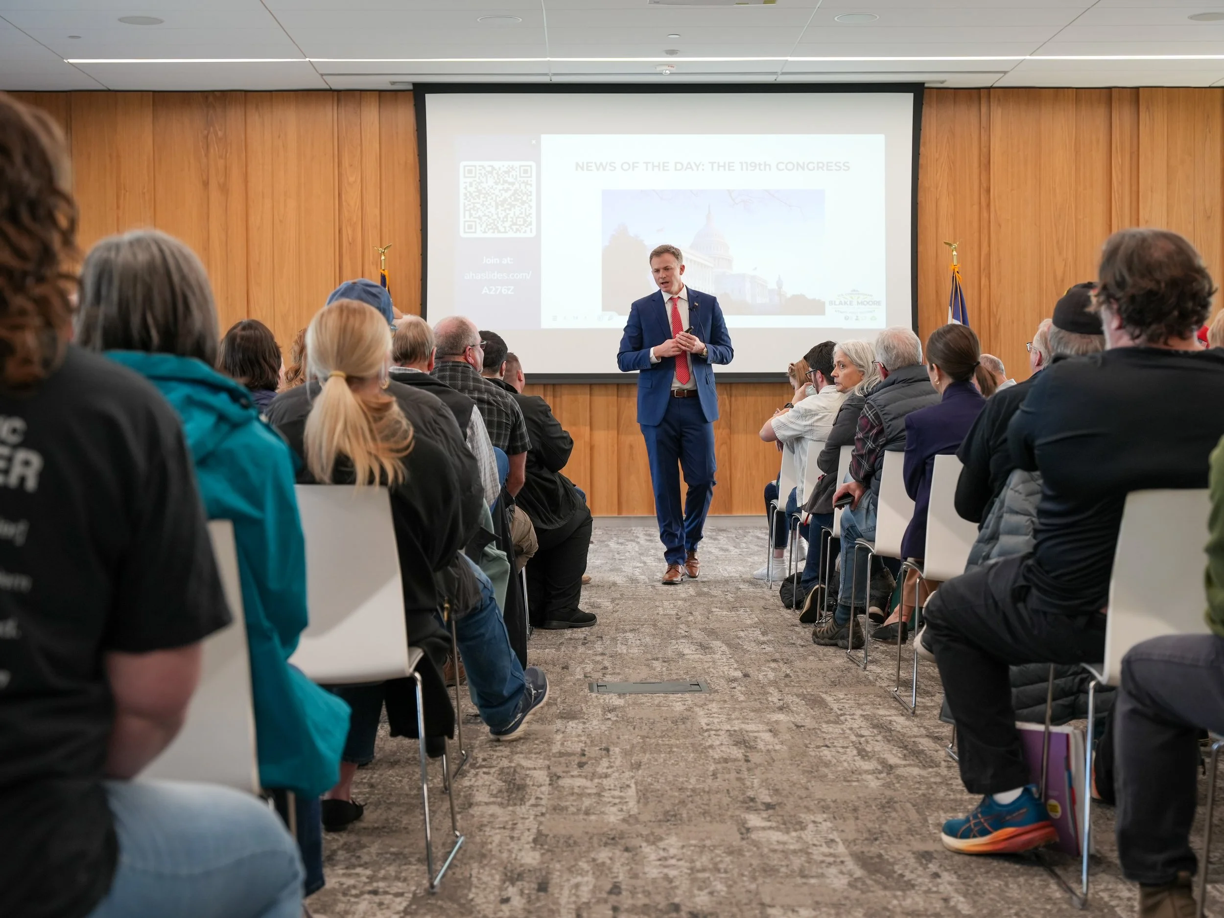 Utahns attend a town hall hosted by Congressman Blake Moore. Enticer Media photography Salt Lake City, Utah.