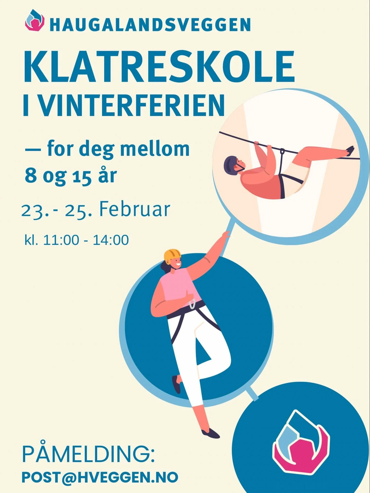N&aring; kan du melde deg p&aring; vinterens klatreskole! 

Den g&aring;r 23., 24. og 25. Februar kl. 11-14 hver dag. 
Du bestemmer selv om du vil melde deg p&aring; bare &eacute;n eller flere dager.

Klatreskolen er et flott klatreopplegg for deg me