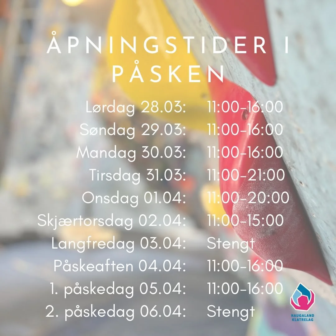 Her kommer v&aring;re &aring;pningstider i p&aring;sken. 

N&aring; har v&aring;ren endelig gjort sitt inntog og vi anbefaler selvsagt p&aring; det sterkeste alle &aring; komme seg ut p&aring; stein og fjell⛰️

Om du ikke har anledning til det, eller