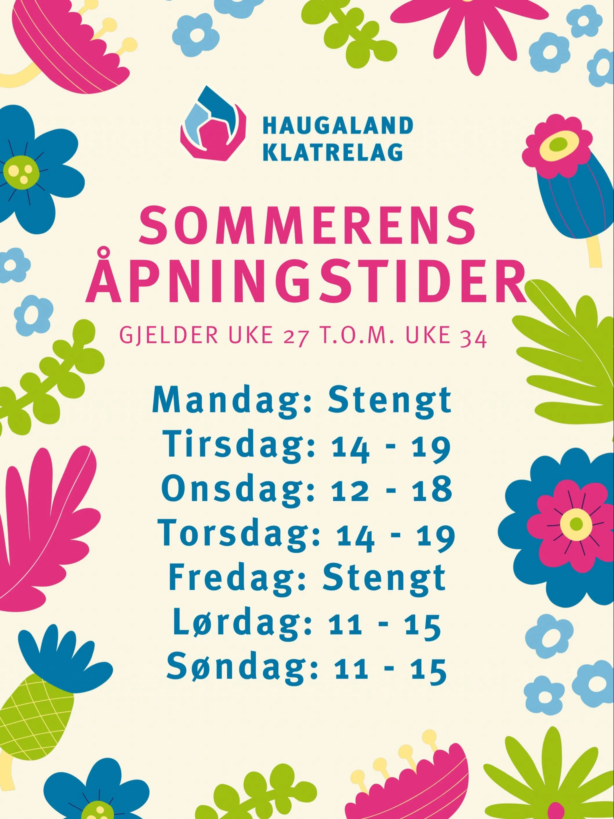 V&aring;re sommertider varer ut uke 34 - Alts&aring; helt til skolen er i full gang igjen☀️ Etter dette er vi tilbake til ordin&aelig;re &aring;pningstider og alt av organisert trening😊

Husk at du kan klatre n&aring;r som helst dersom du har halv- 