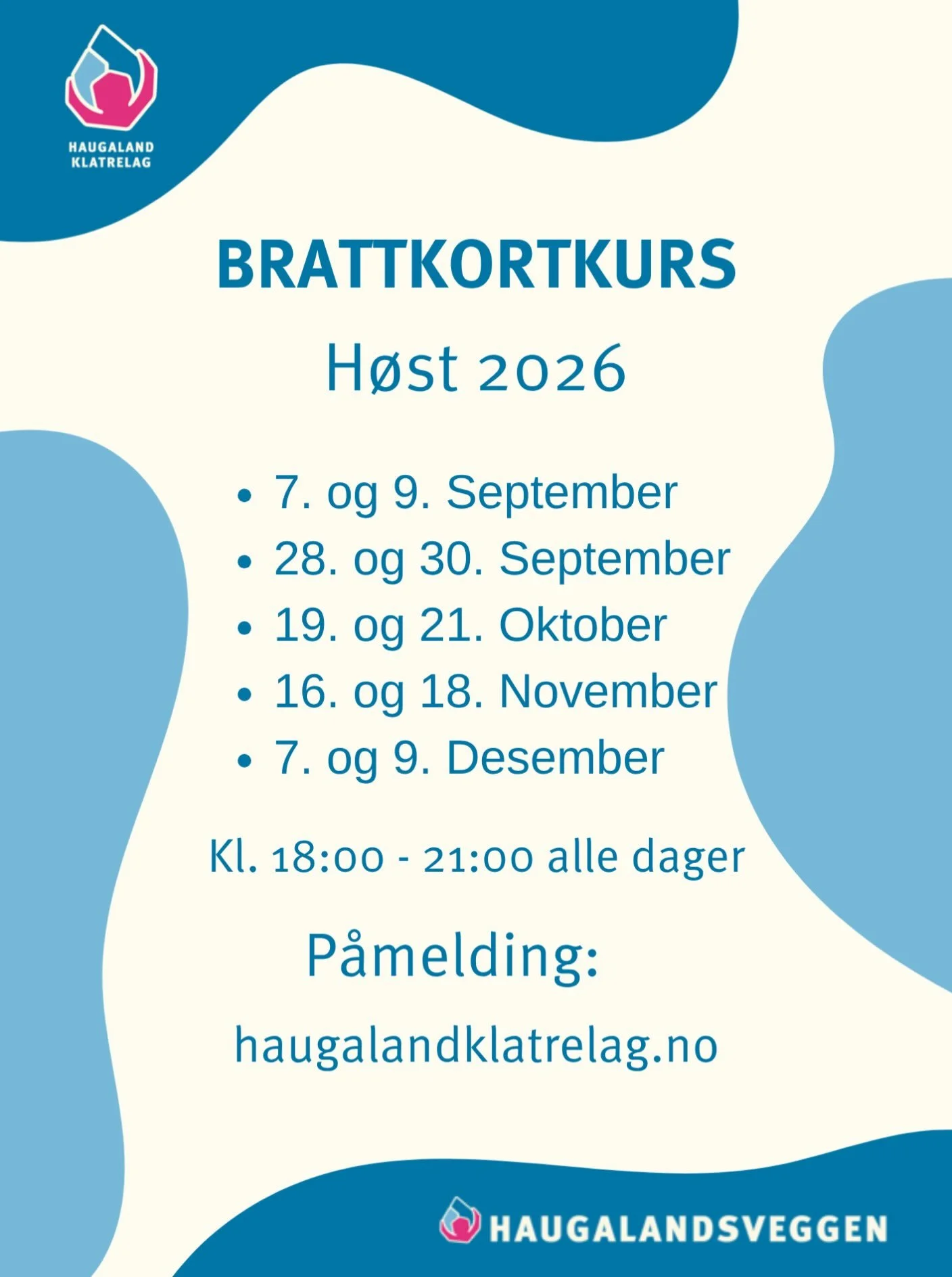Her kommer en oversikt over v&aring;rens brattkortkurs.

Kom i gang med klatringen ved &aring; melde deg p&aring; - Du kommer ikke til &aring; angre!😁💪

P&aring;melding: https://haugalandsveggen.as.me/schedule/564fe691