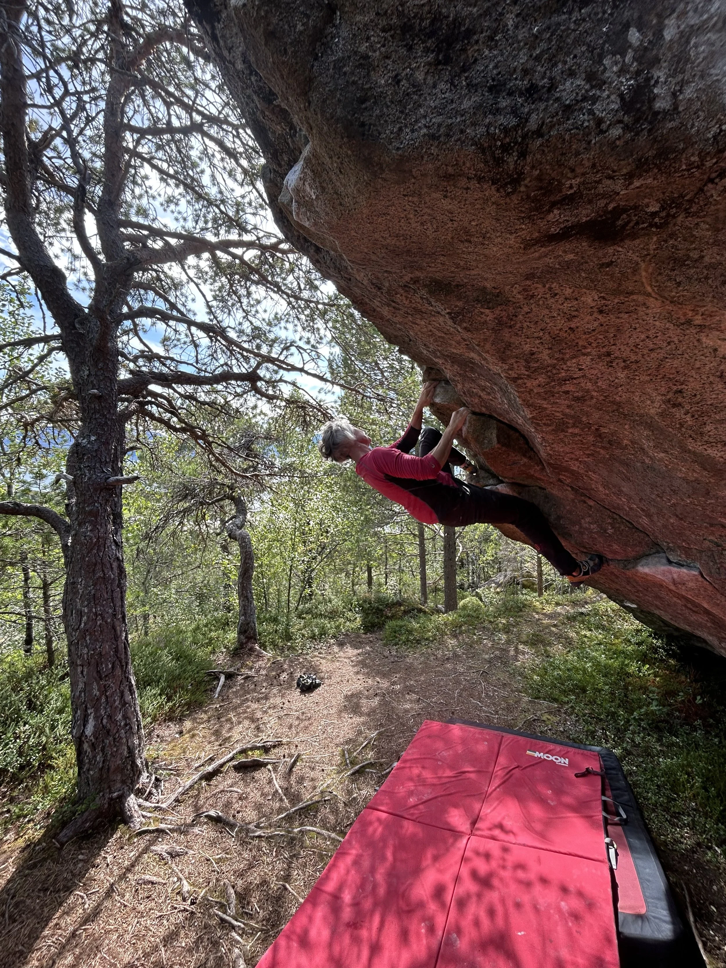 Buldring på Myklebostad, Tjeldøya helt sør i Troms. Fine steiner spredt rundt i idyllisk furuskog med en perfekt nord-norsk sandstrand rett nedenfor ved parkeringa.
Klatrer: Anne Kindlihagen
Foto: Anders Kindlihagen