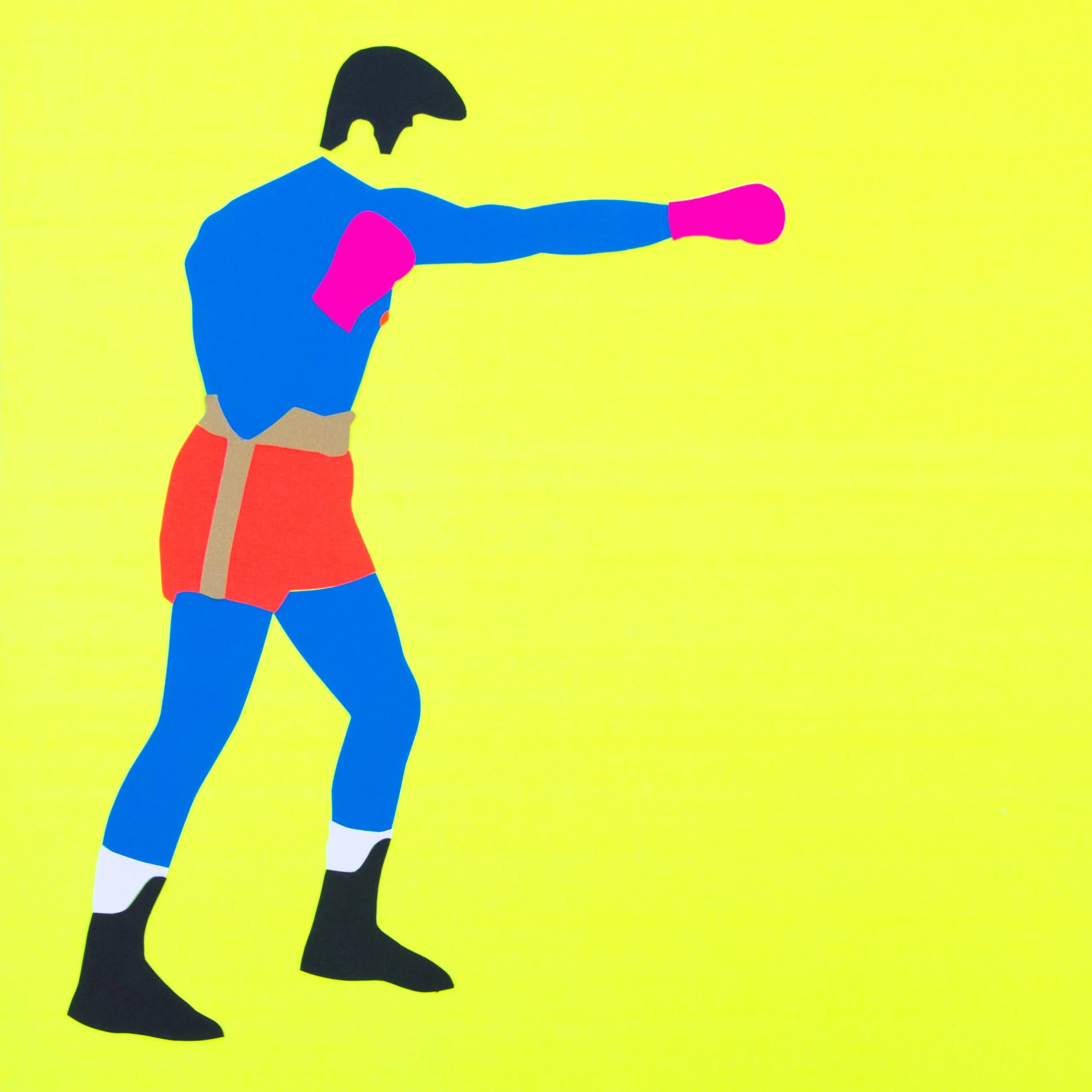 Collage de Colores Planos – Boxeador Lanzando un Puñetazo en Cartulina
Este collage de estilo contemporáneo presenta la figura de un boxeador de perfil, en un fondo amarillo vibrante, que lanza un puñetazo al aire en un gesto de entrenamiento. La fig