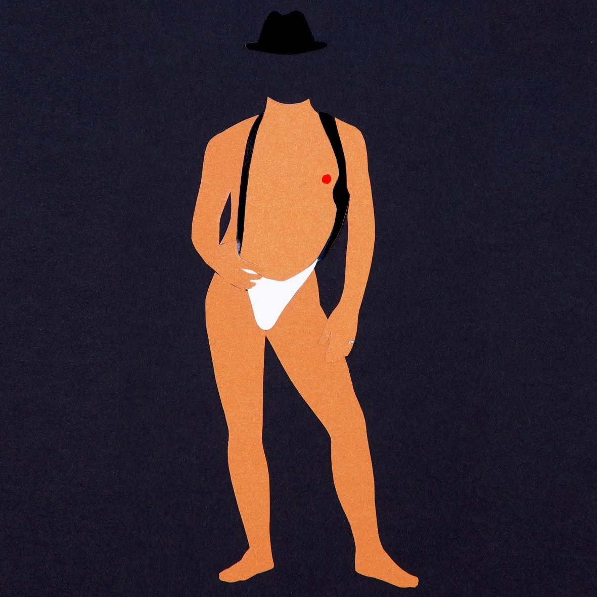 Collage de Colores Planos – Hombre Queer con Sombrero y Tirantes
Este collage de estética queer y minimalista presenta a un hombre sin rostro sobre un fondo negro, resaltando su silueta y actitud desafiante. Con sombrero, elásticos y calzoncillos bla