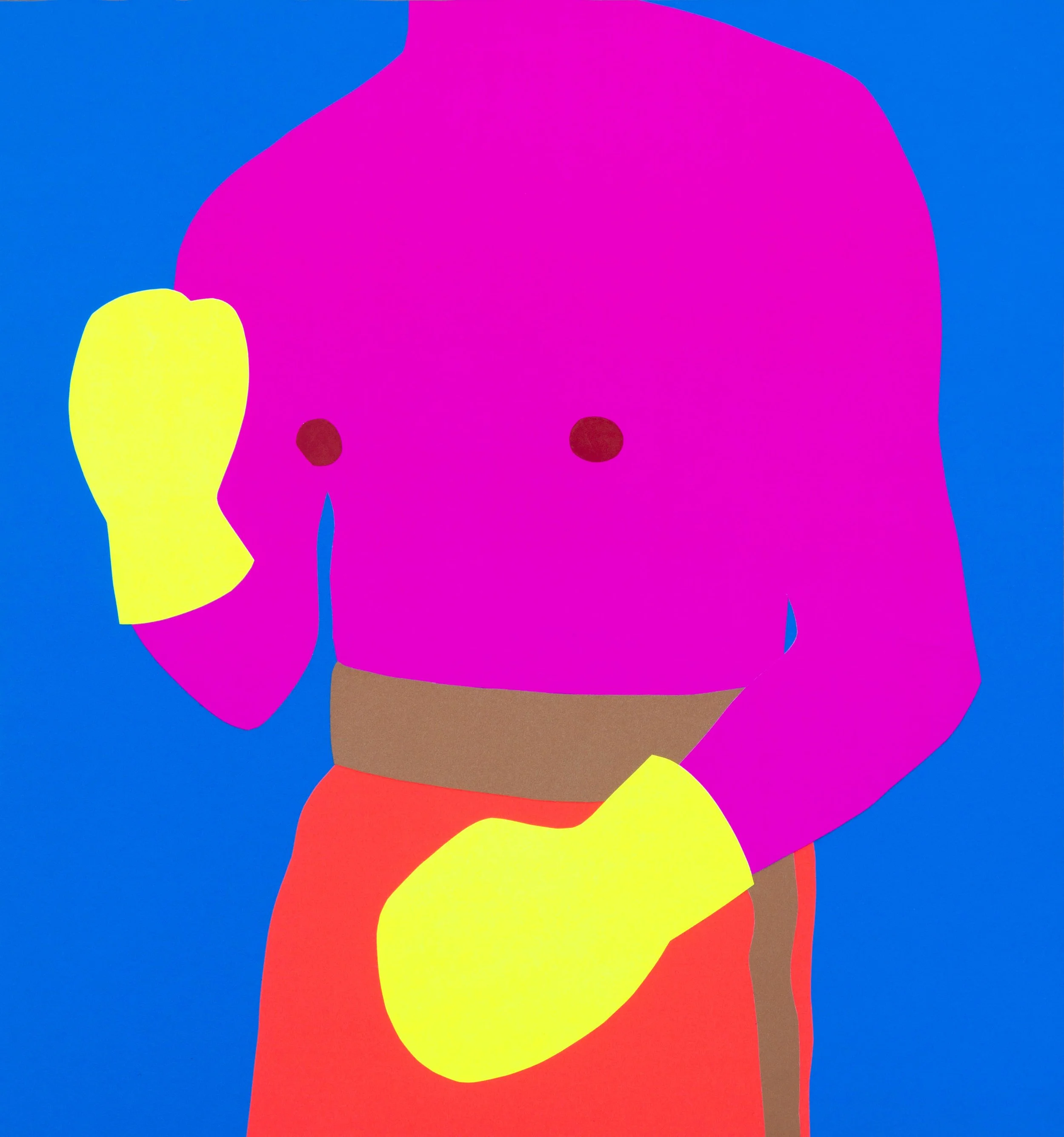 Collage de Colores Planos – Boxeador en Cartulina: Primer Plano del Torso
Este collage único presenta un primer plano del torso de un boxeador en tonos fucsias vibrantes, con guantes amarillos de boxeo, sobre un fondo azul llamativo. Usando cartulina