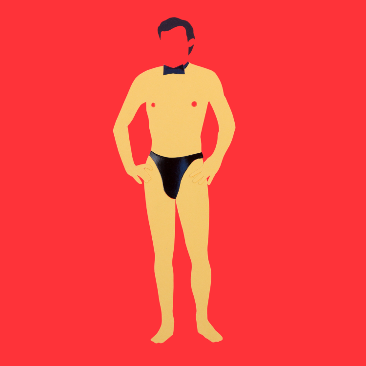 Collage de Colores Planos – Hombre Queer con Slips de Cuero y Pajarita
Este collage de estética queer y minimalista presenta a un hombre sobre un intenso fondo rojo, en una pose provocadora con las manos apoyadas en los muslos, justo por debajo de la