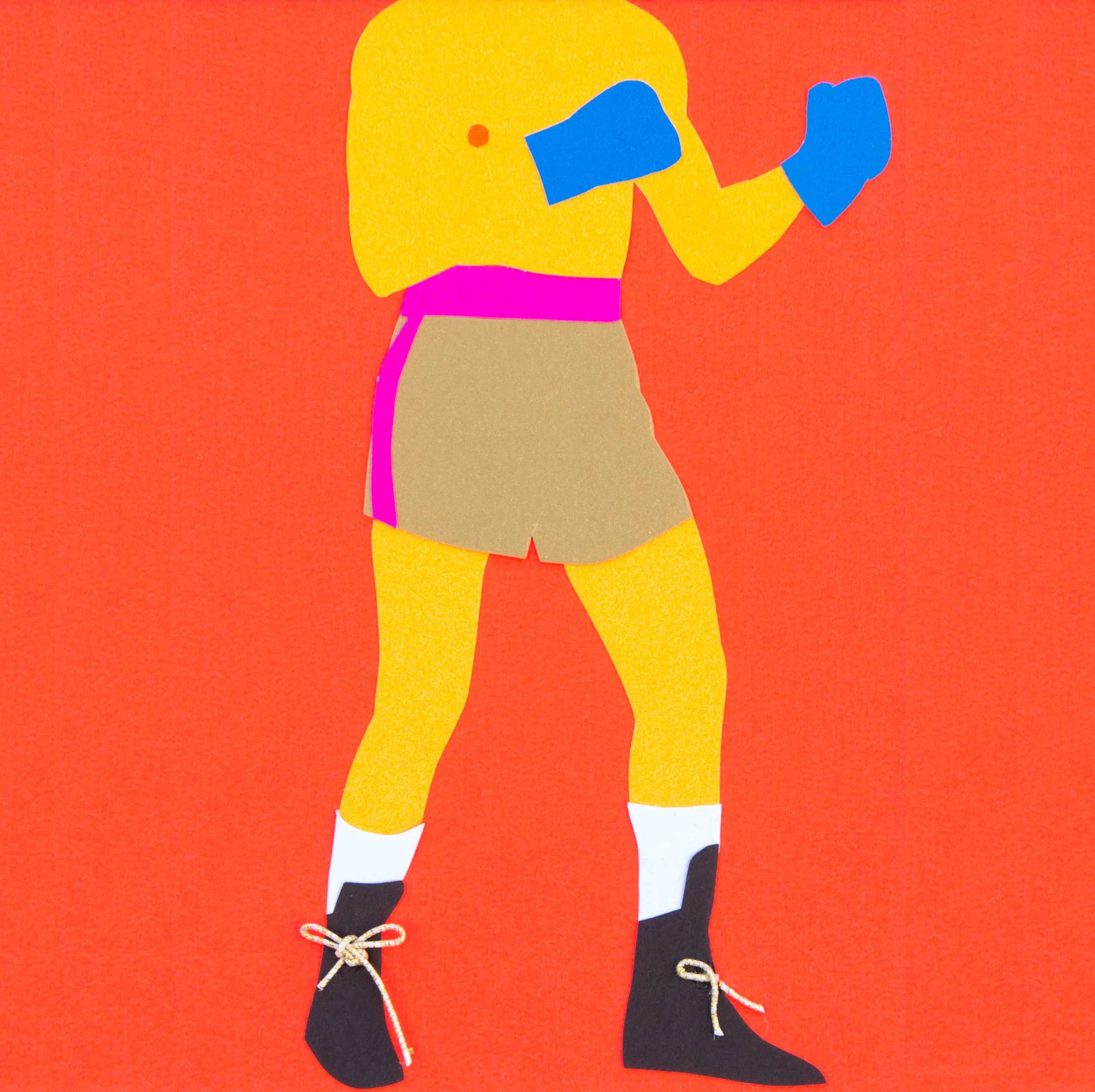 Collage de Colores Planos – Boxeador en Cartulina (Cuerpo Entero)
Este vibrante collage de un boxeador de cuerpo entero (sin cabeza) utiliza colores planos para destacar su figura. Sobre un fondo naranja brillante, el boxeador lleva guantes de boxeo 