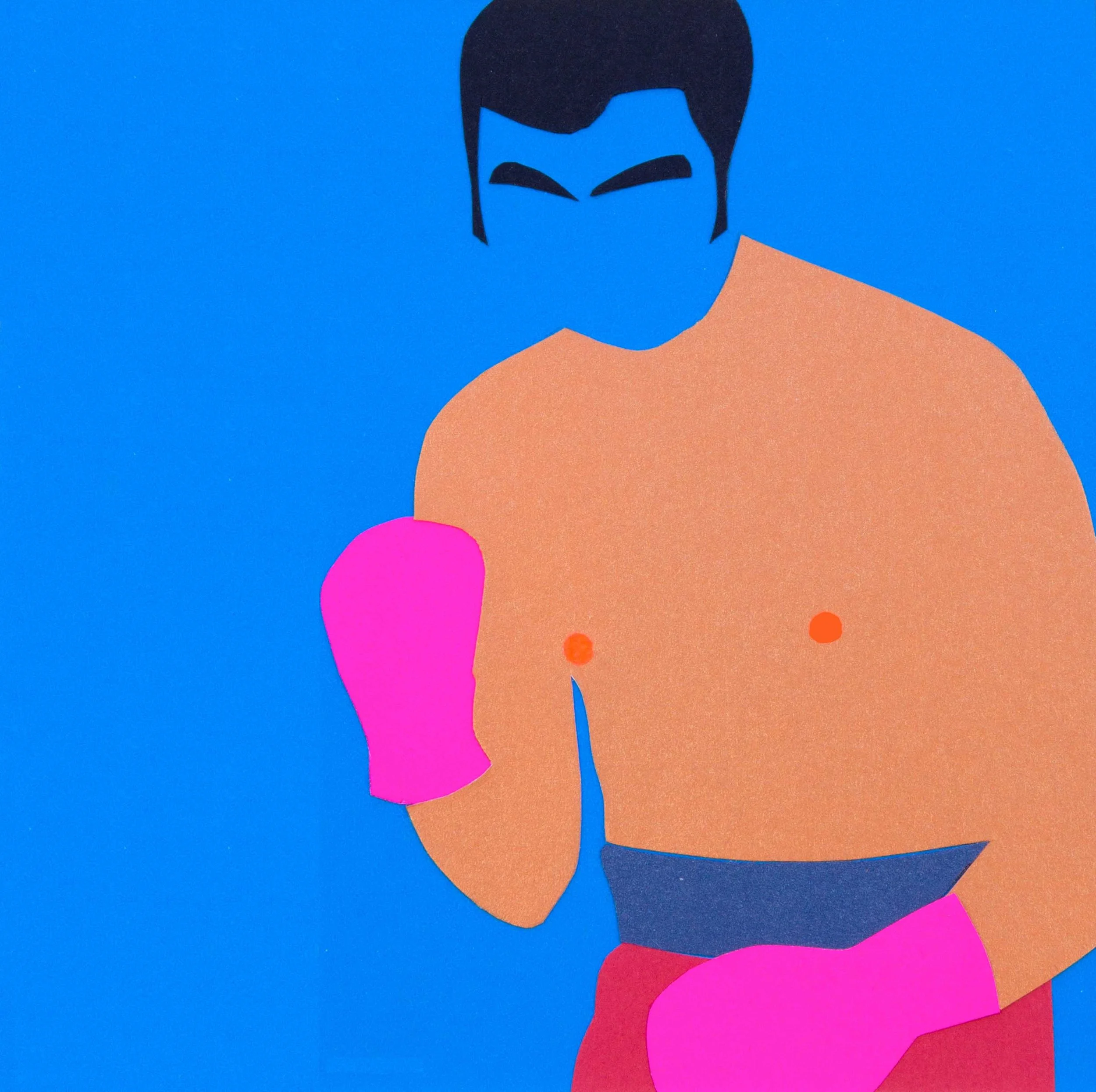 Collage de Colores Planos – Boxeador Inspirado en Muhammad Ali
Este impactante collage de colores planos presenta a un boxeador en primer plano, de frente al espectador, evocando la presencia icónica de Muhammad Ali. Con guantes de boxeo fucsia, fond