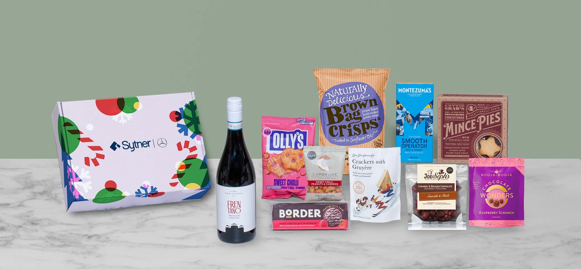 Branded Corporate Christmas Hamper for Sytner Mercedes-Benz with wine, sweet & savoury snacks and mince pies.