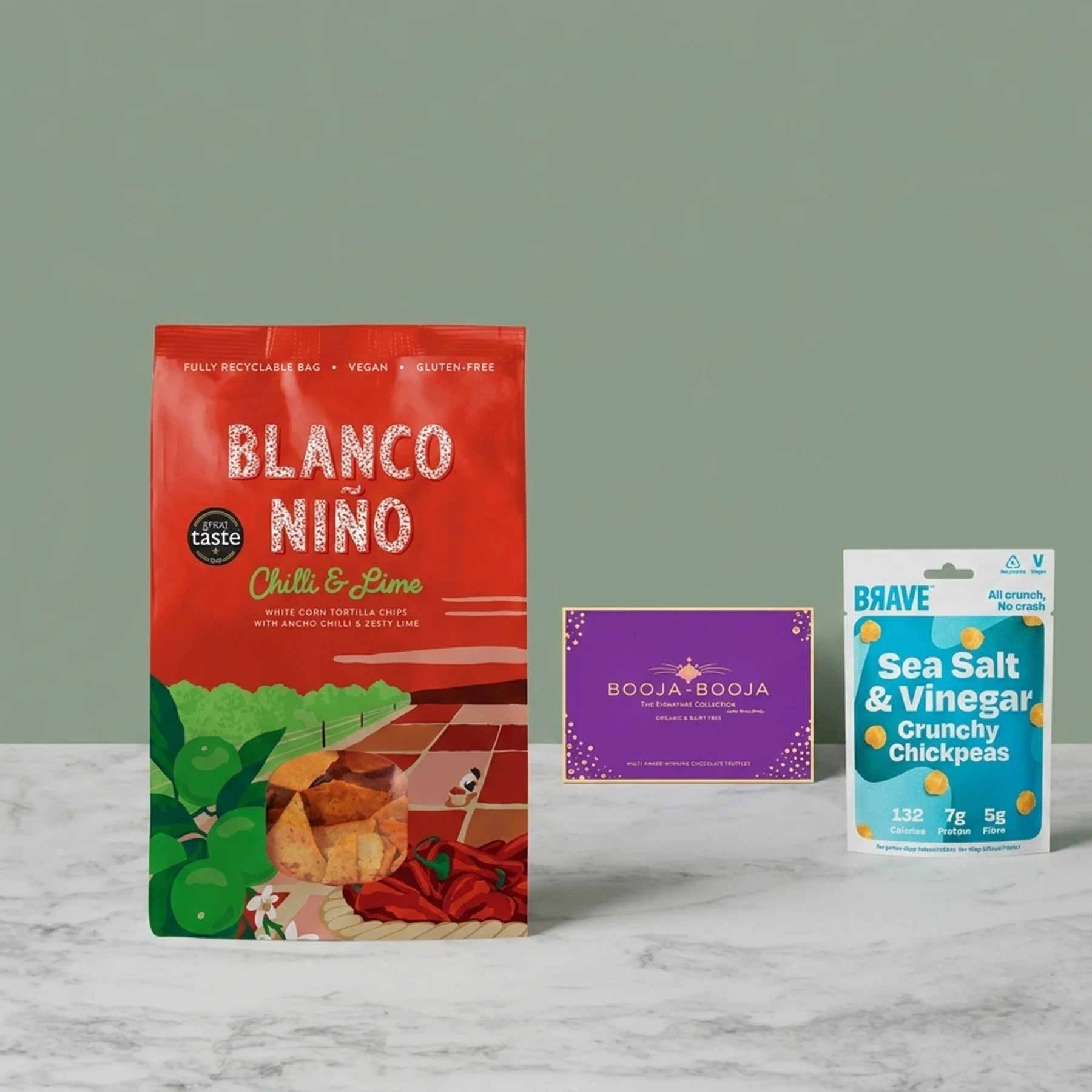 Vegan and gluten free tortilla chips, chocolates and snacks