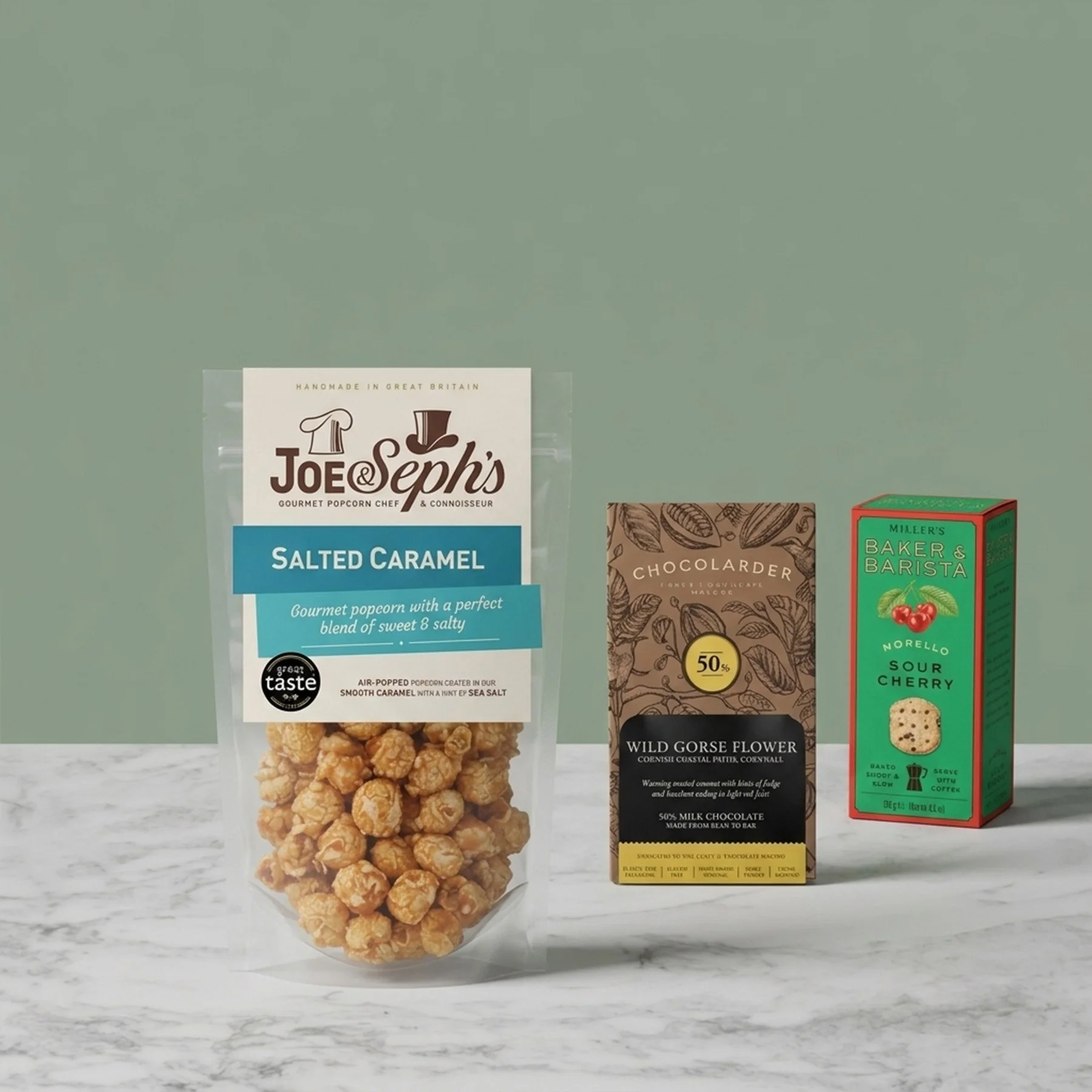 Sweet treats for corporate hampers including artisan chocolate, biscuits and gourmet popcorn.