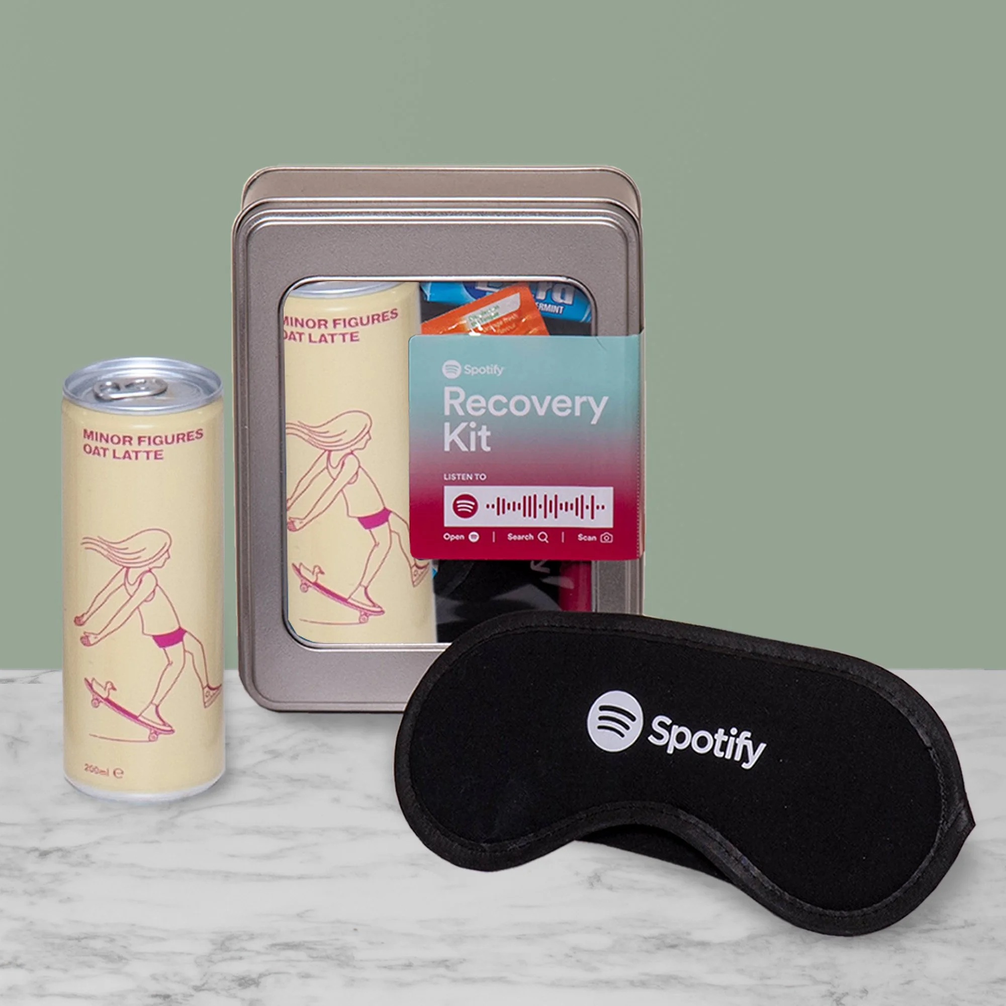 Branded Recovery Kit with Oat Latte, Branded Eye Mask, Gum, Berocca and Personalised Sweet Tube.