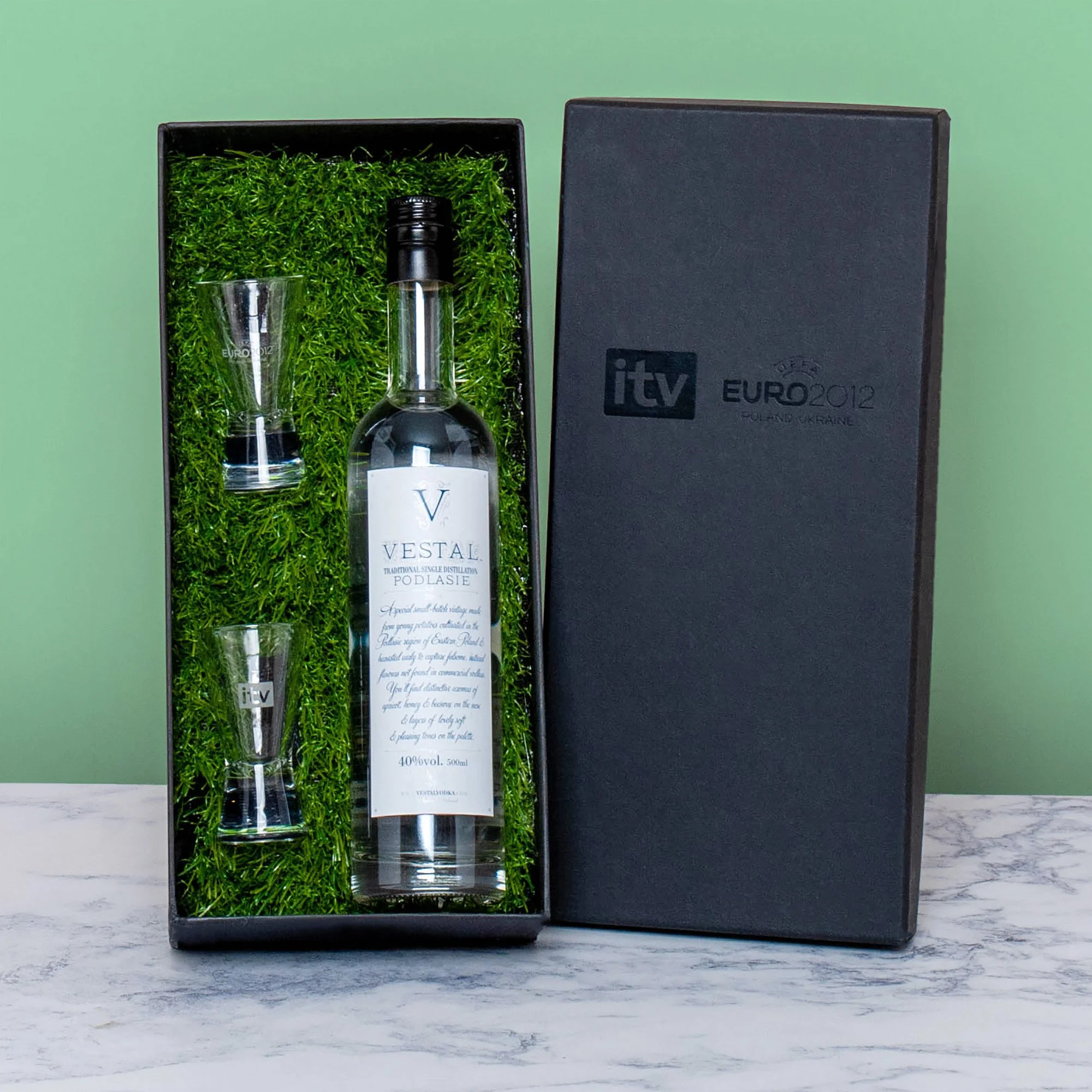 Bespoke Rigid Gift Box containing Vodka and Branded Shot Glasses for ITV Euros