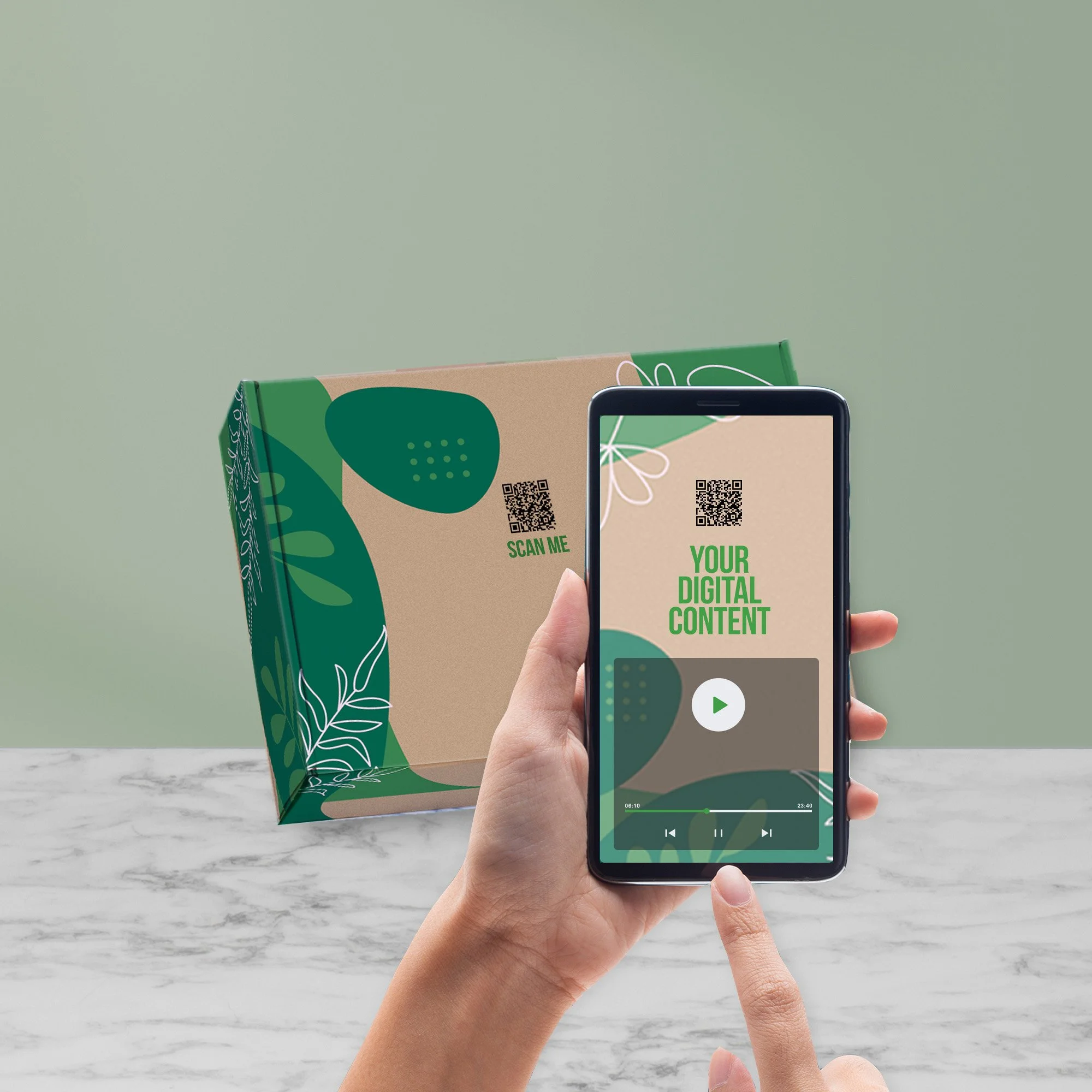 Smartphone scanning QR code on branded gift box to unlock personalised digital content or video messages.