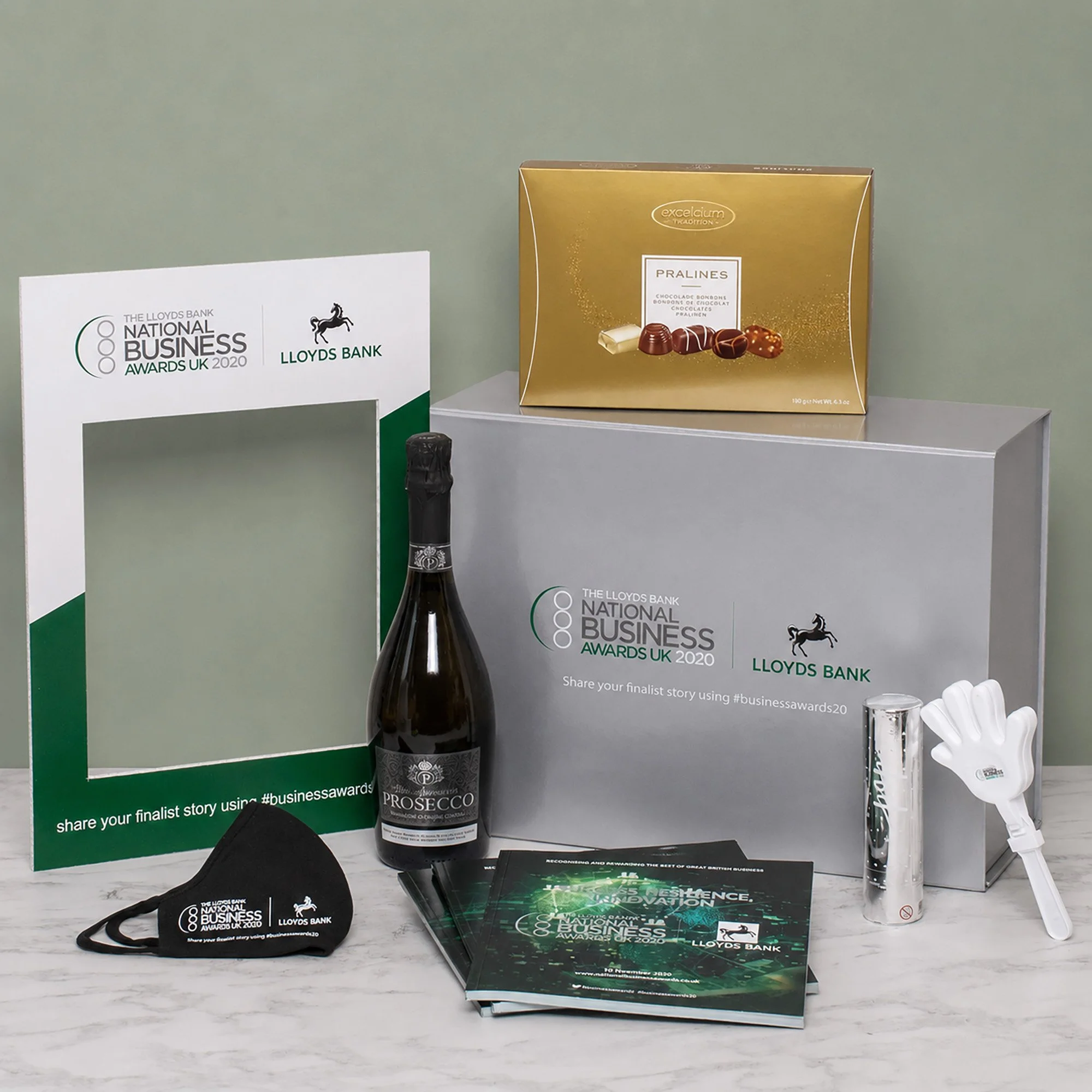 Bespoke Branded Gift Boxes for the National Business Awards including Prosecco, Chocolates, Branded Merch and Selfie Frame