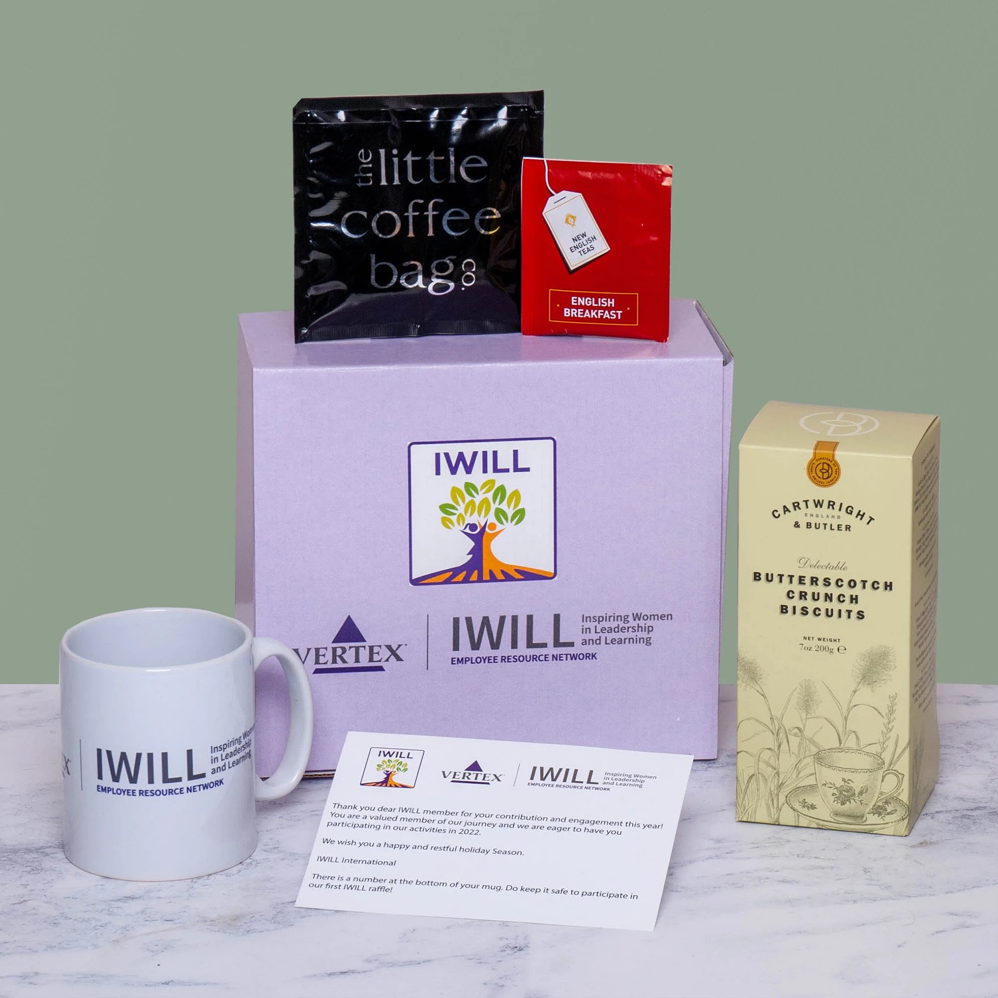 Branded Team Event Packs including Branded Mug, Tea, Coffee, Biscuits and Branded Card