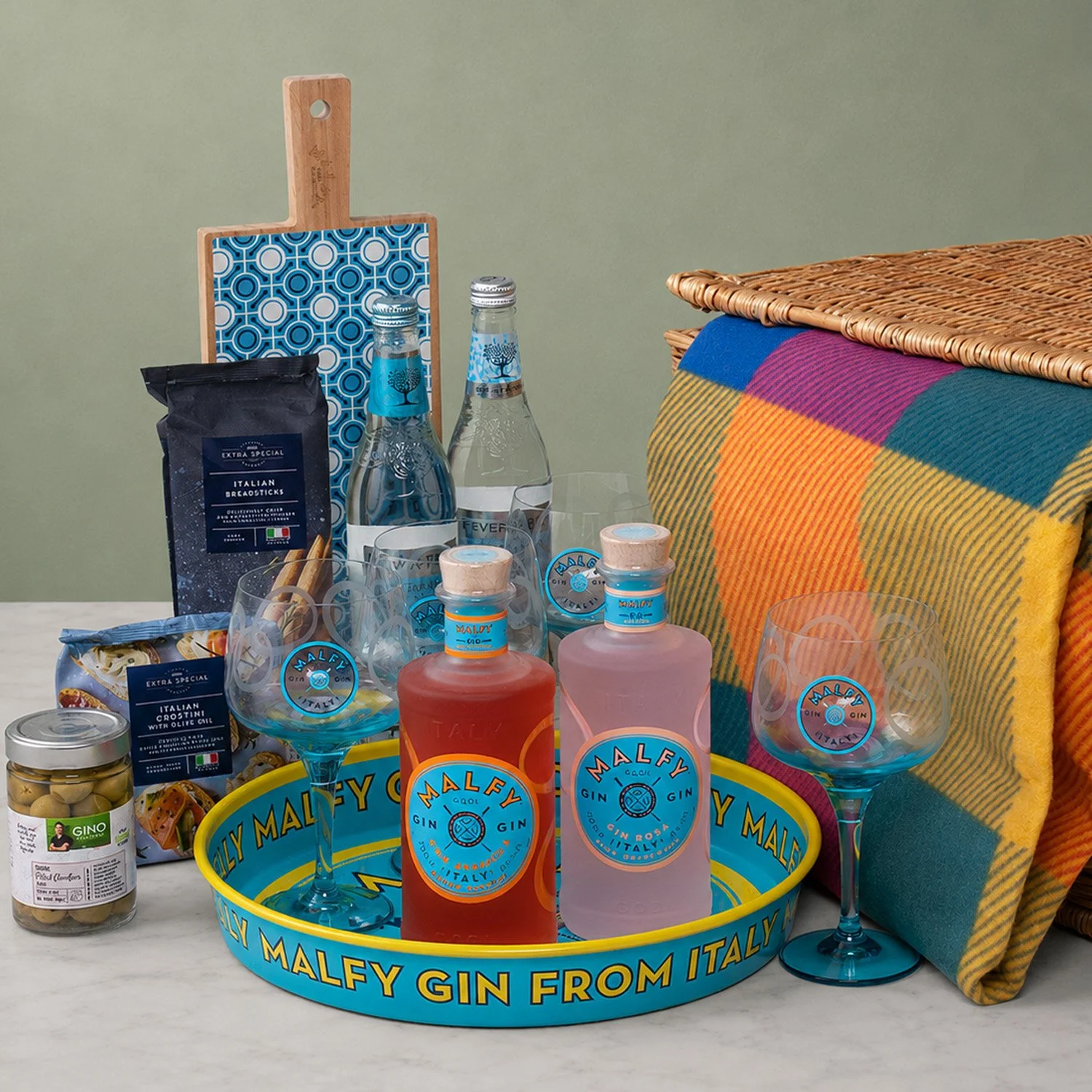 Branded Corporate Hamper with Malfy Gin, Tonic, Branded Glasses and Tray, Blankets, Snacks and Serving Board.