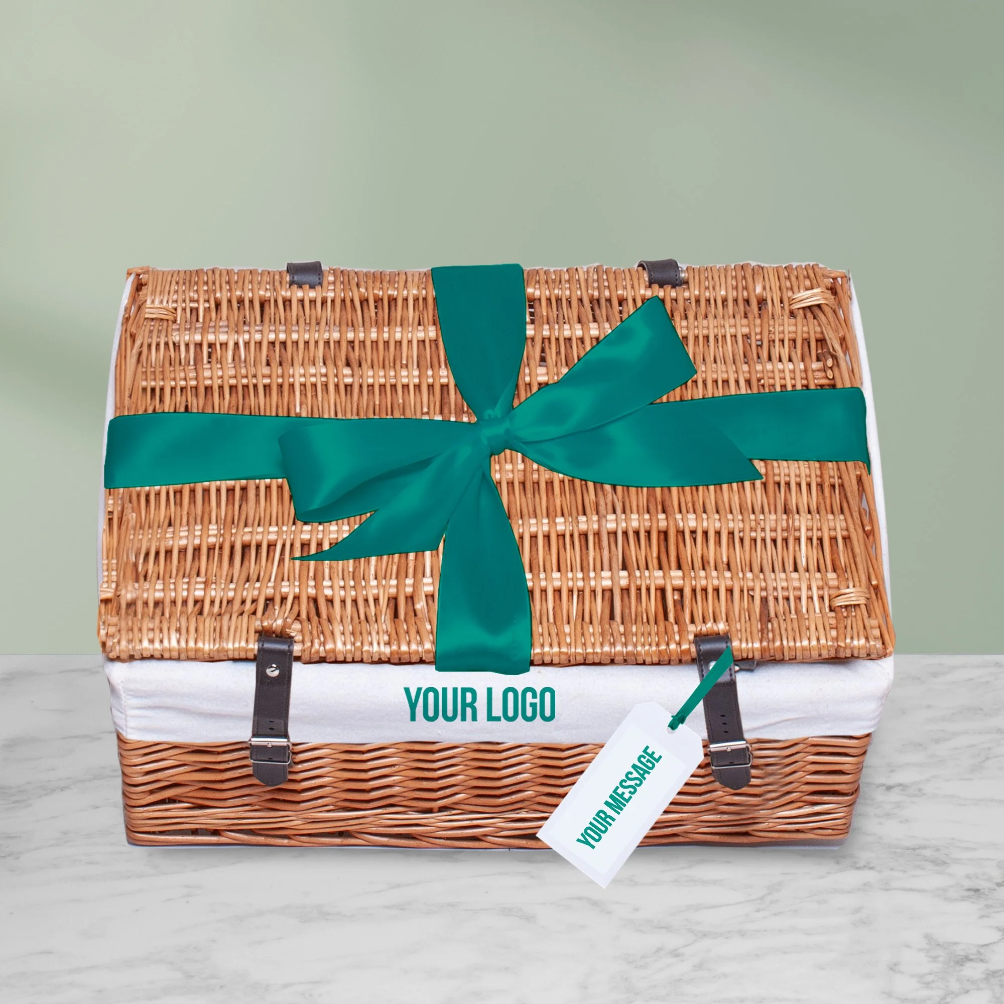 Branded wicker hamper basket with ribbon and personalised gift tag