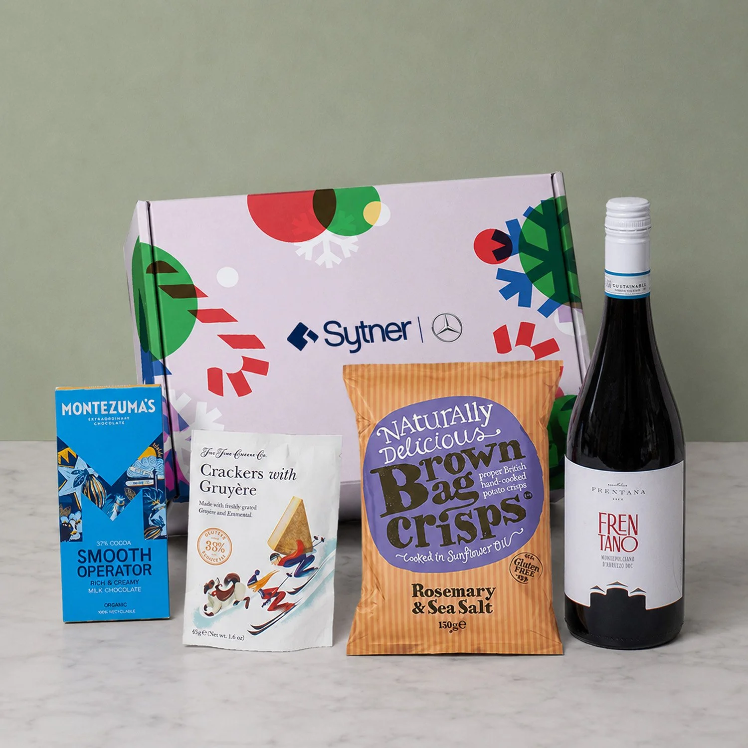 Branded Employee Hamper for Sytner Mercedes-Benz with Wine, Sweet & Savoury Snacks.