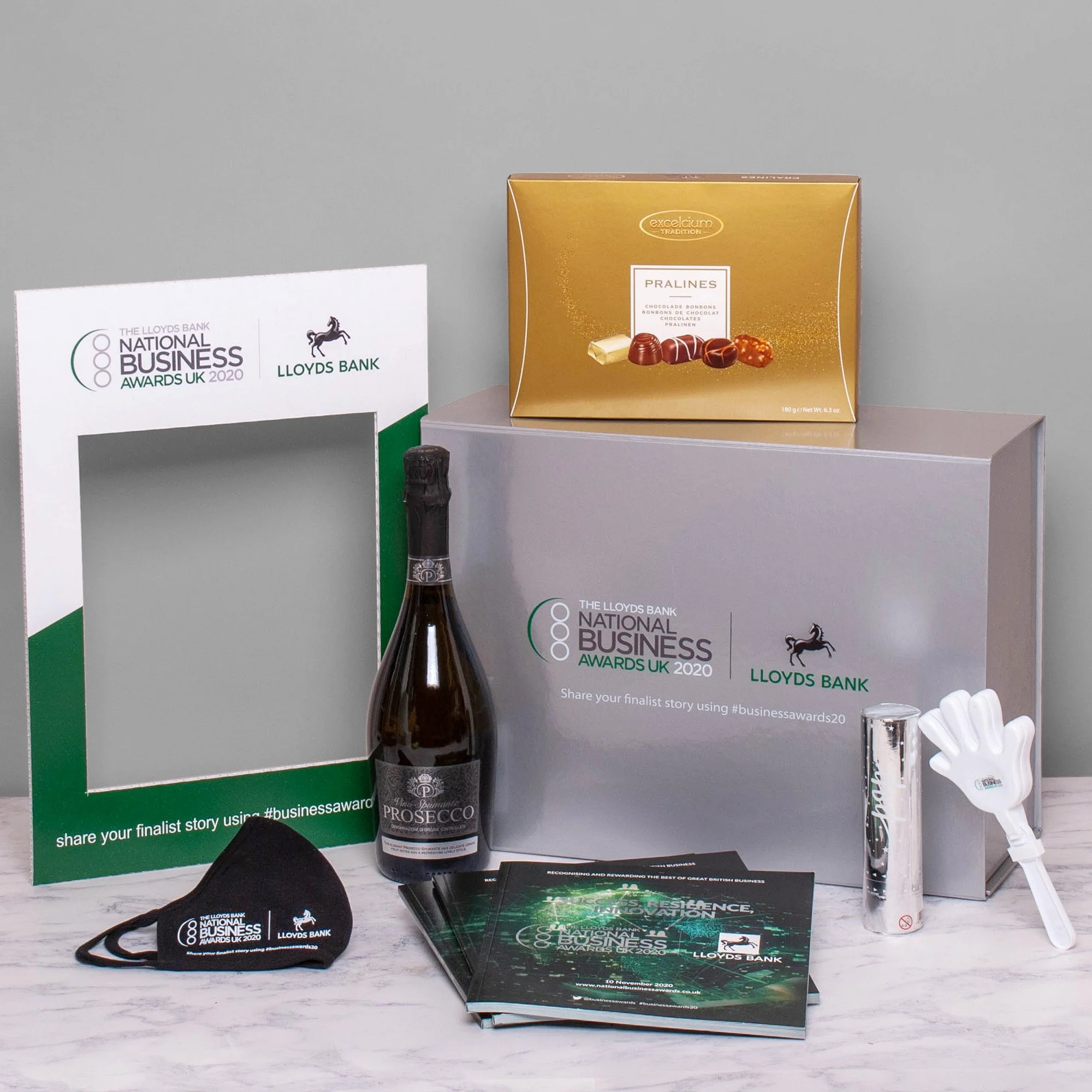 Bespoke Branded Gift Boxes for the National Business Awards including Prosecco, Chocolates, Branded Merch and Selfie Frame