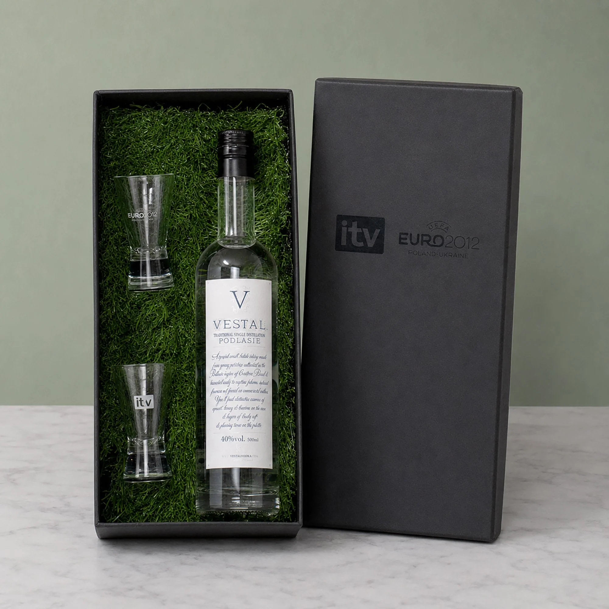 Bespoke Rigid Gift Box containing Vodka and Branded Shot Glasses for ITV Euros
